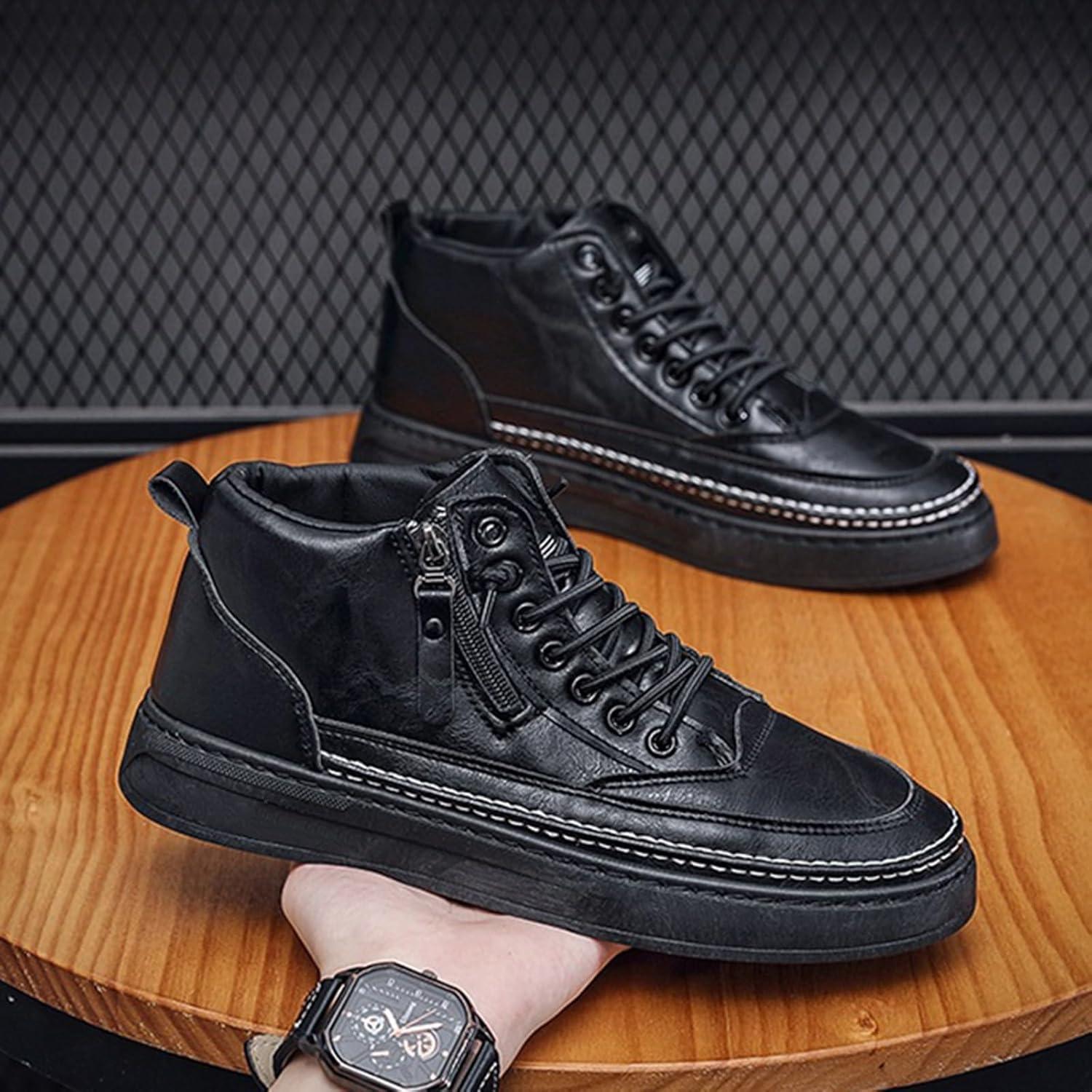 image:imageChaussures en cuir pour homme Baskets sportives Semelle plate Chaussures de randonne avec fermeture clair latrale Chaussures lacets Chaussures de sport Chaussures lmentairesNoir