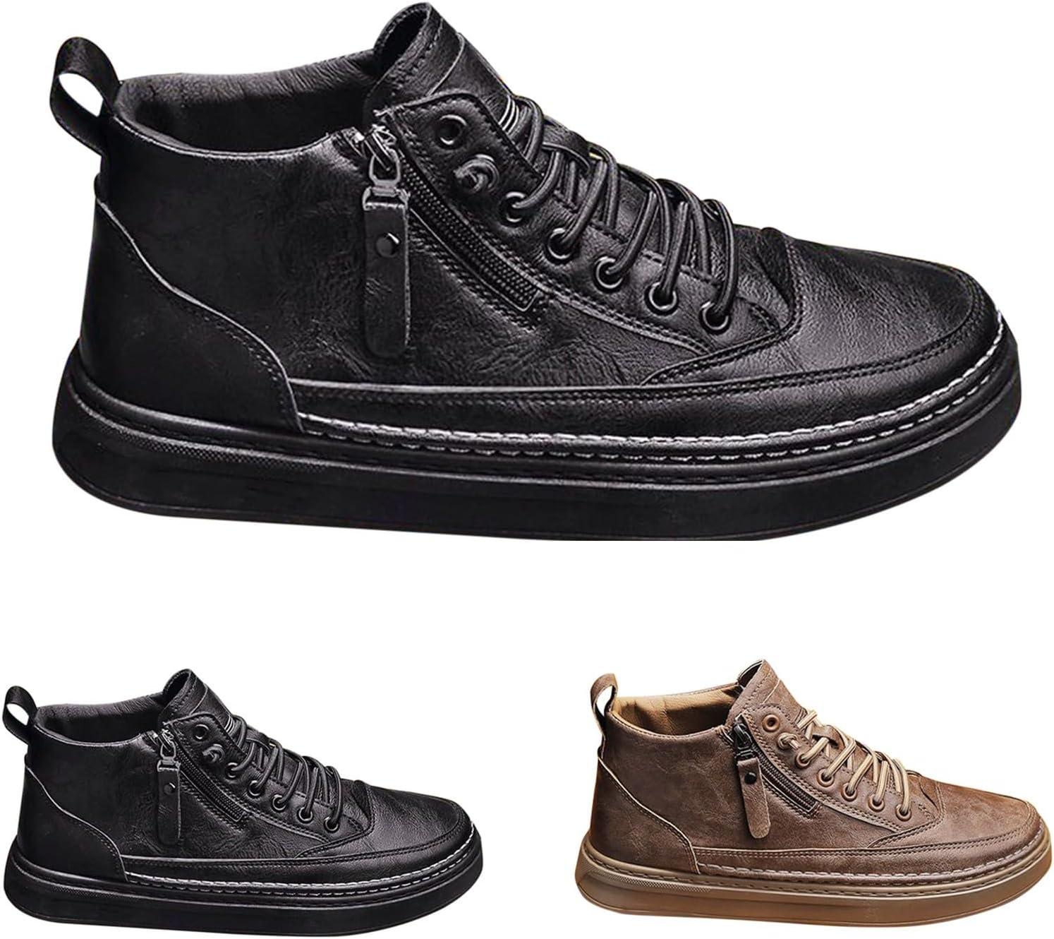 image:imageChaussures en cuir pour homme Baskets sportives Semelle plate Chaussures de randonne avec fermeture clair latrale Chaussures lacets Chaussures de sport Chaussures lmentairesNoir