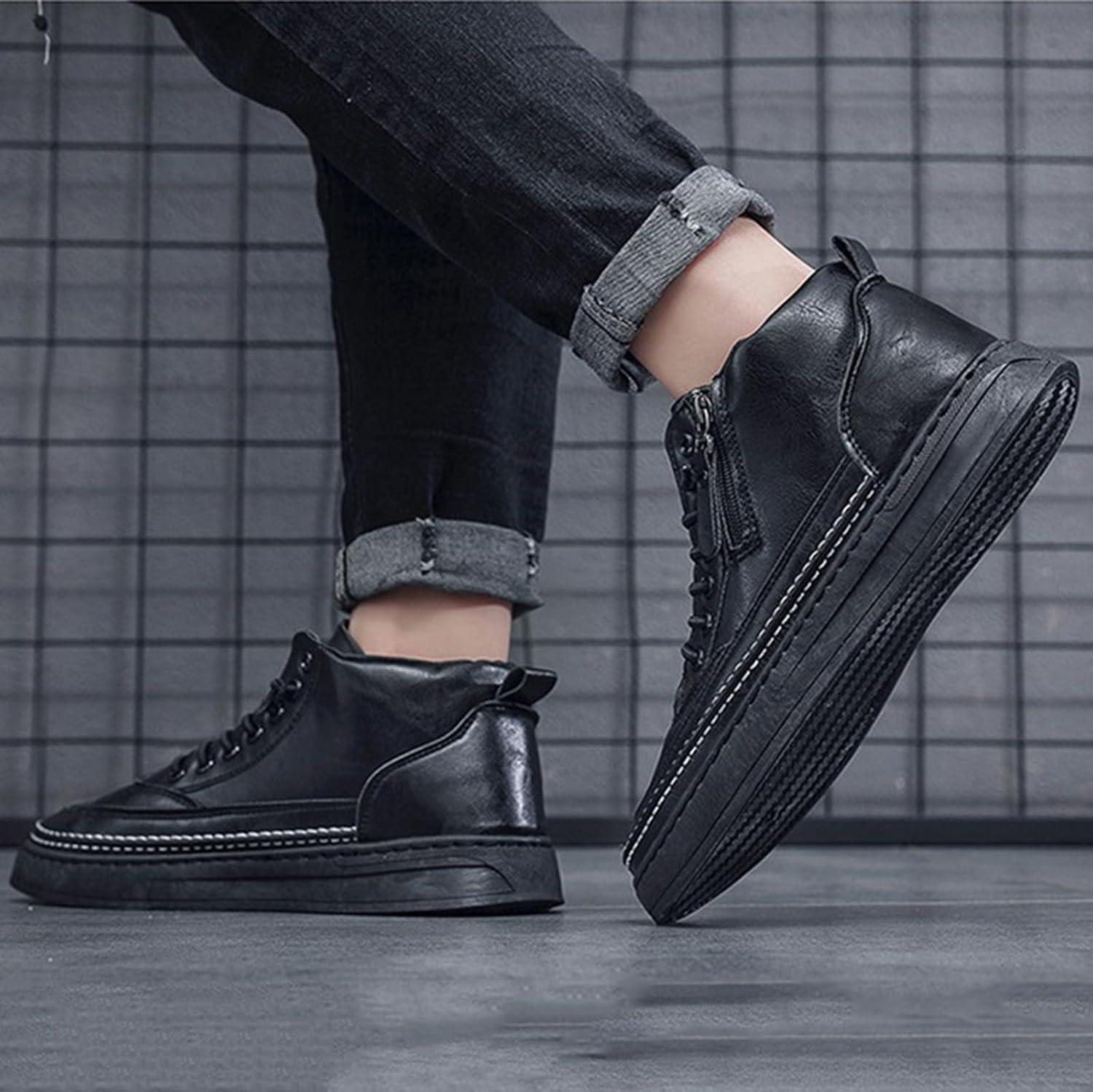 image:imageChaussures en cuir pour homme Baskets sportives Semelle plate Chaussures de randonne avec fermeture clair latrale Chaussures lacets Chaussures de sport Chaussures lmentairesNoir