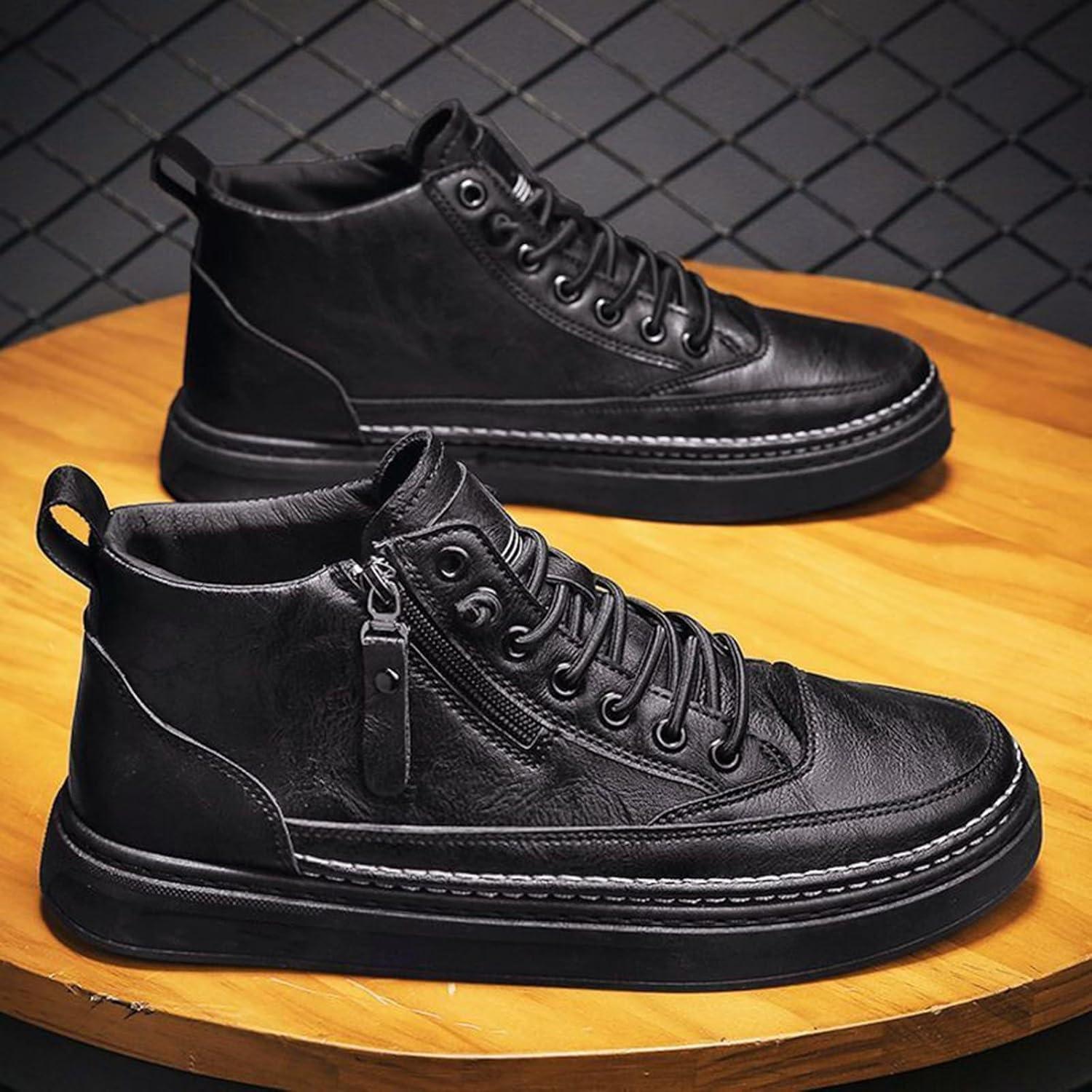 image:imageChaussures en cuir pour homme Baskets sportives Semelle plate Chaussures de randonne avec fermeture clair latrale Chaussures lacets Chaussures de sport Chaussures lmentairesNoir