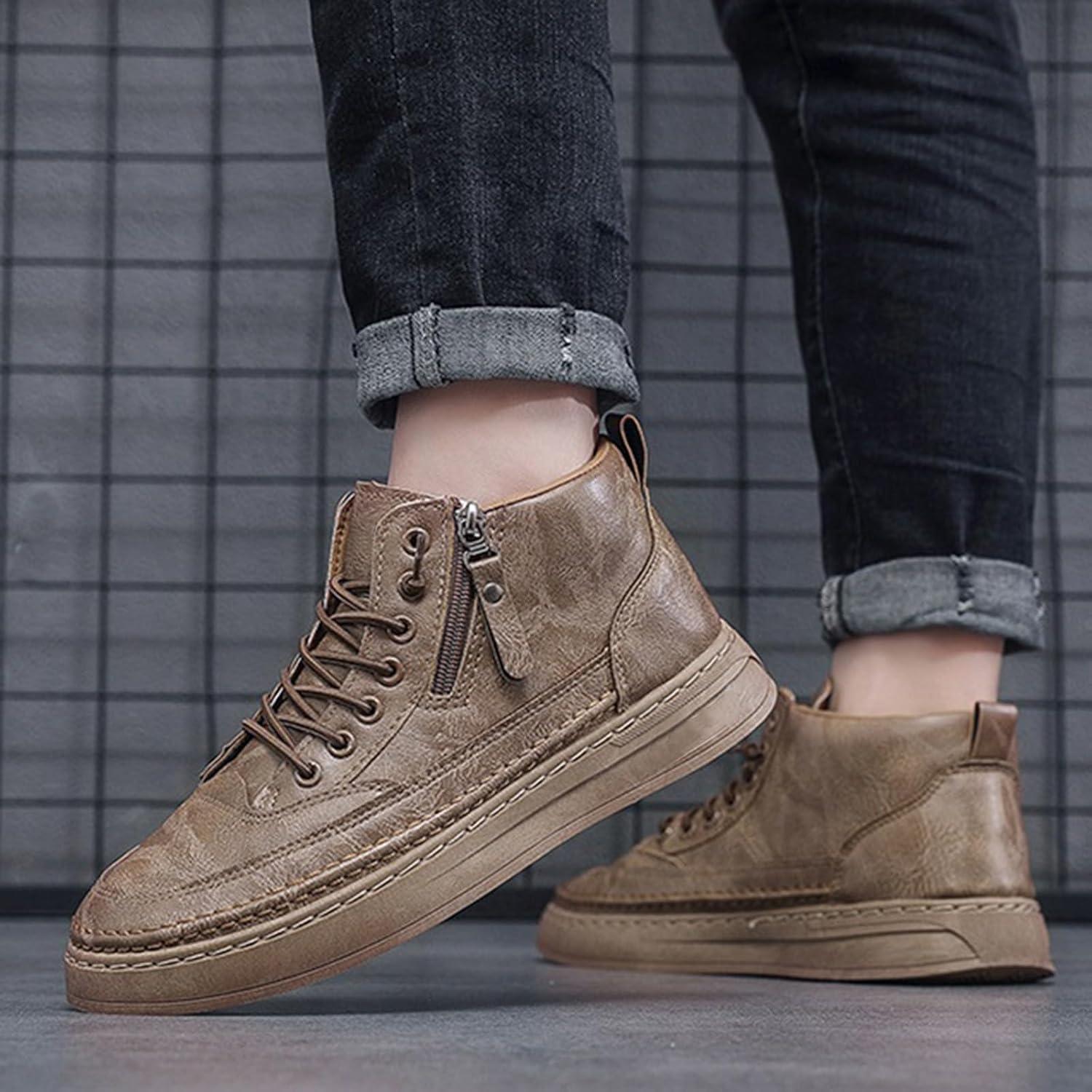 image:imageChaussures en cuir pour homme Baskets sportives Semelle plate Chaussures de randonne avec fermeture clair latrale Chaussures lacets Chaussures de sport Chaussures lmentairesKaki