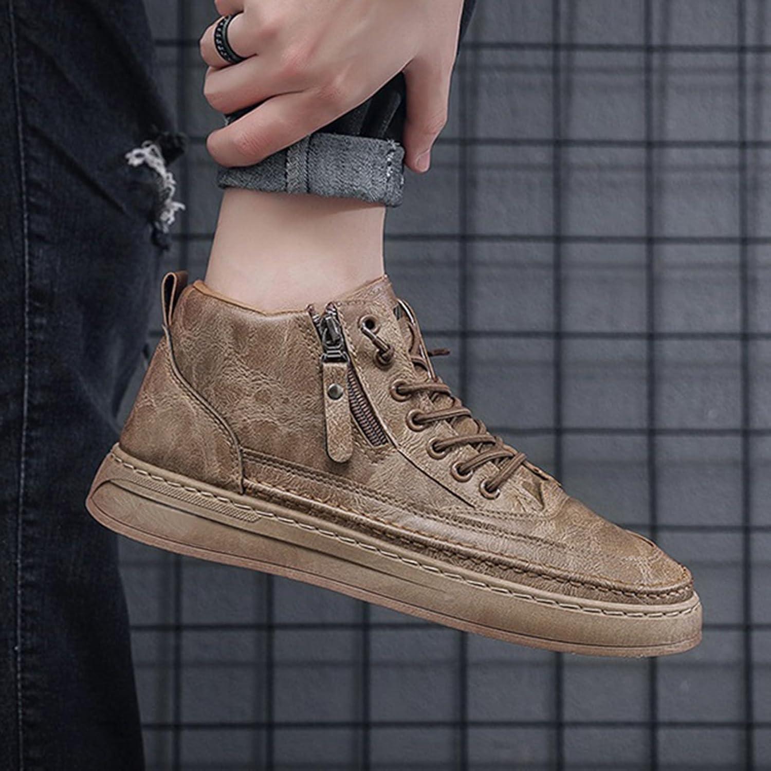 image:imageChaussures en cuir pour homme Baskets sportives Semelle plate Chaussures de randonne avec fermeture clair latrale Chaussures lacets Chaussures de sport Chaussures lmentairesKaki