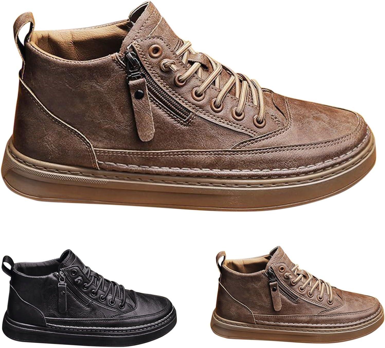 image:imageChaussures en cuir pour homme Baskets sportives Semelle plate Chaussures de randonne avec fermeture clair latrale Chaussures lacets Chaussures de sport Chaussures lmentairesKaki