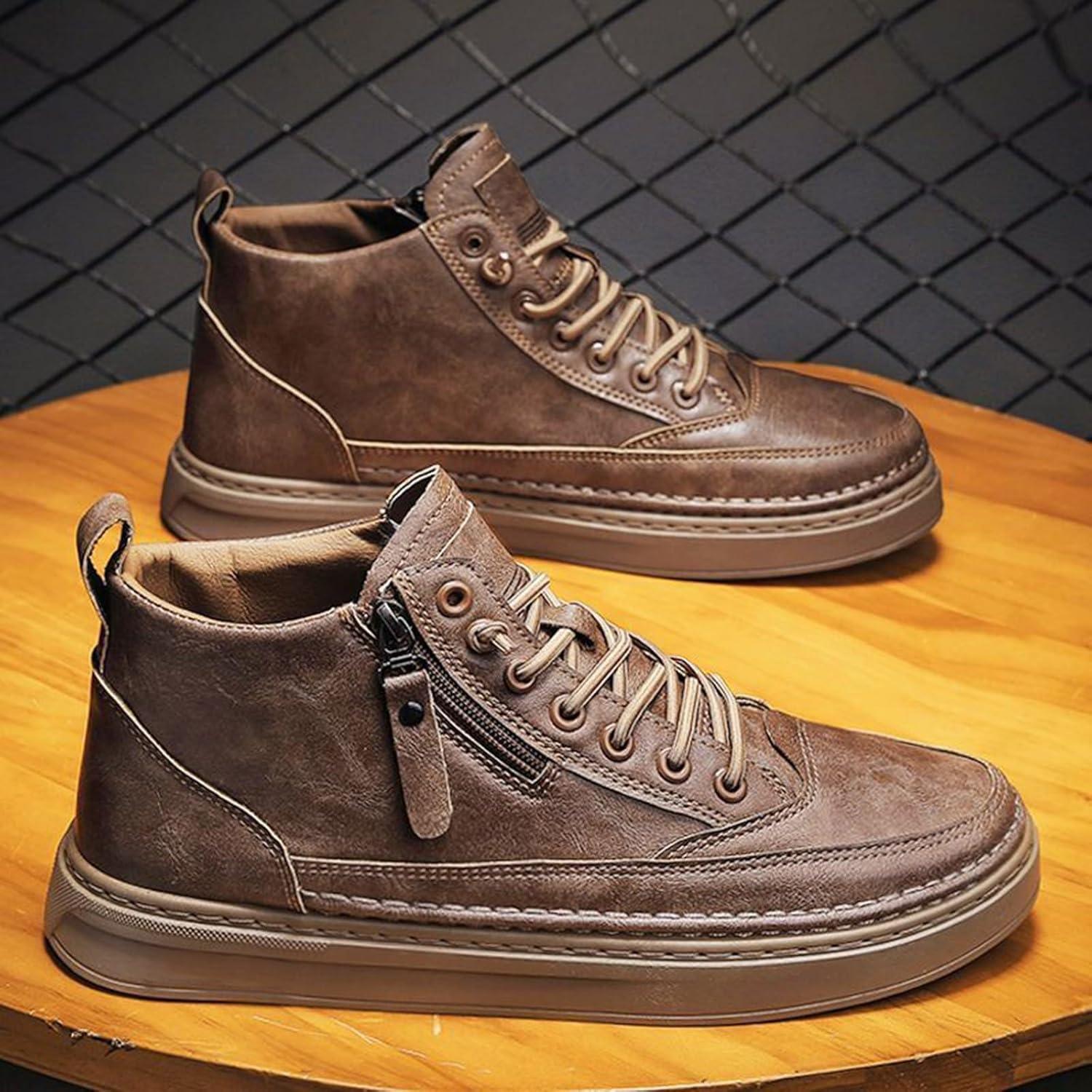 image:imageChaussures en cuir pour homme Baskets sportives Semelle plate Chaussures de randonne avec fermeture clair latrale Chaussures lacets Chaussures de sport Chaussures lmentairesKaki