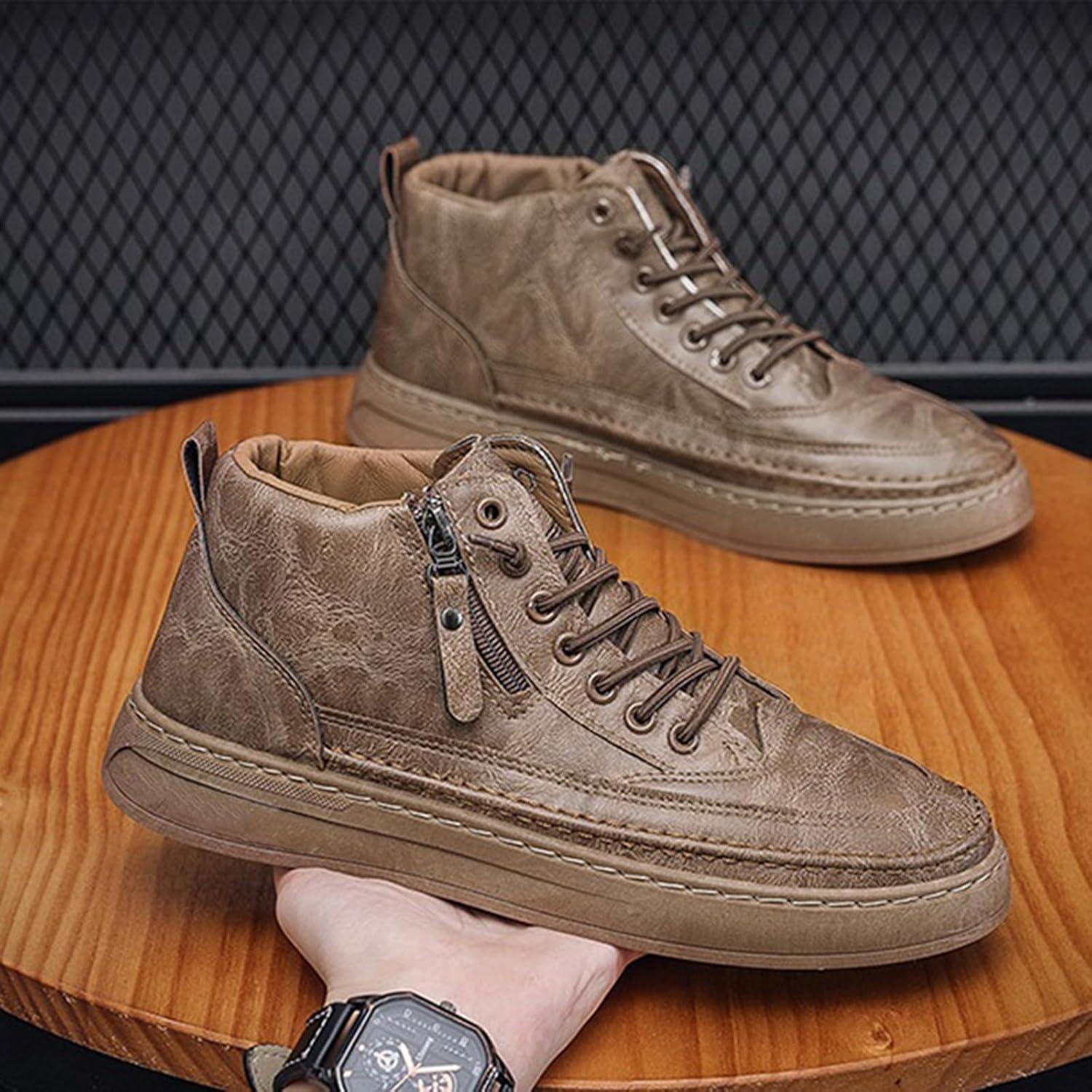 image:imageChaussures en cuir pour homme Baskets sportives Semelle plate Chaussures de randonne avec fermeture clair latrale Chaussures lacets Chaussures de sport Chaussures lmentairesKaki