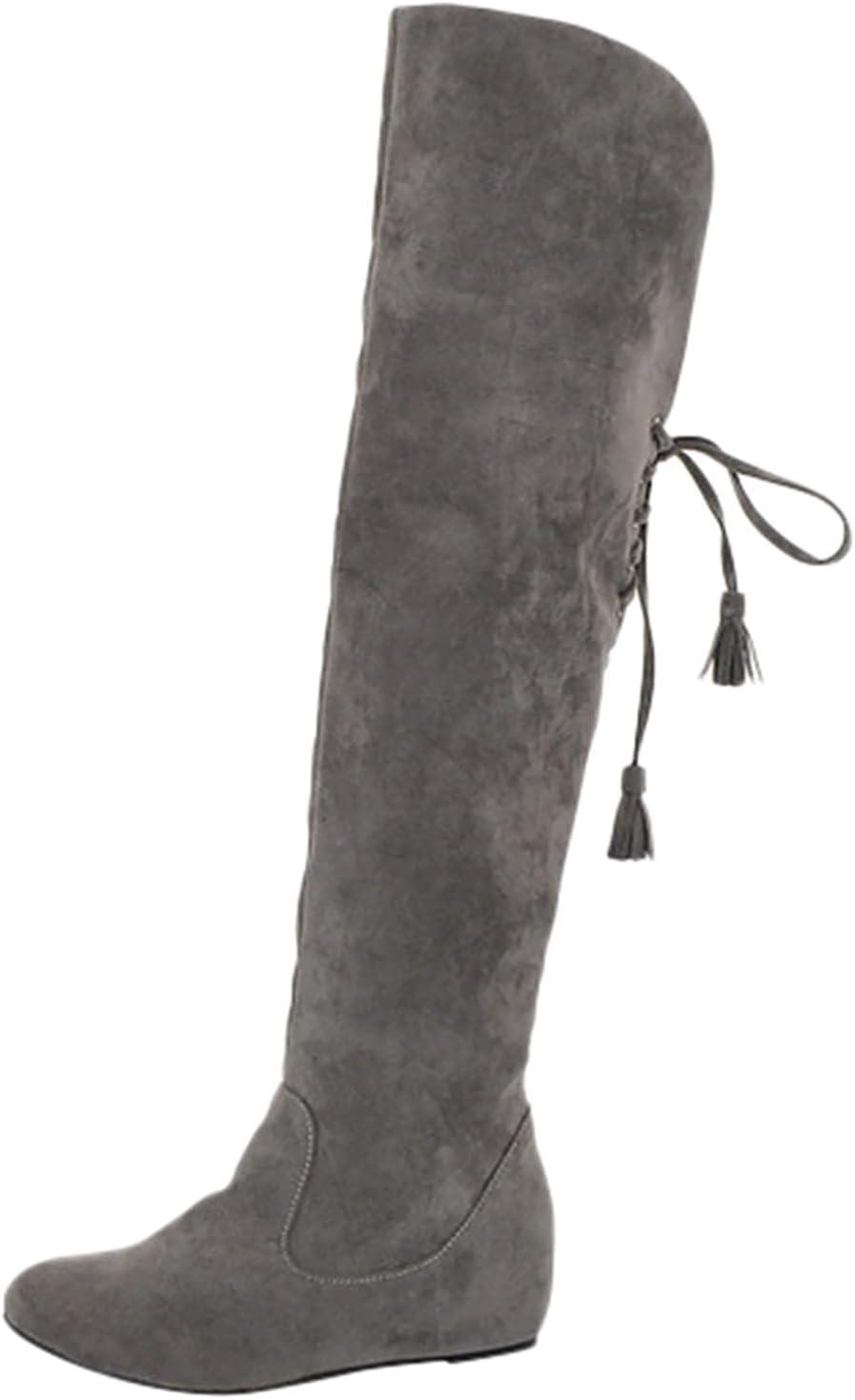 image:imageGenerisch Bottes pour femme Confortables En daim lgantes Plates Bout rond Couleur unie Longue tige Bottes dhiver pour femmeGris