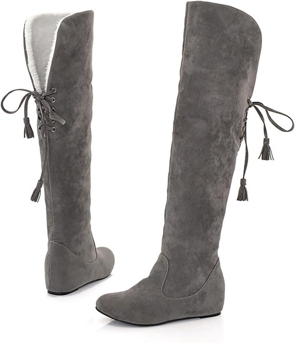 image:imageGenerisch Bottes pour femme Confortables En daim lgantes Plates Bout rond Couleur unie Longue tige Bottes dhiver pour femmeGris