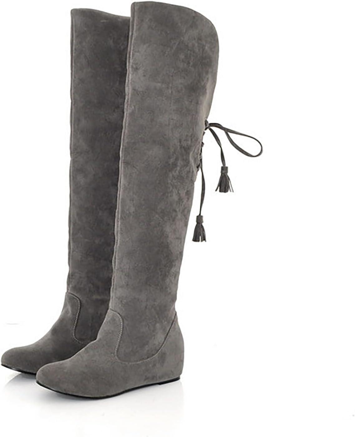 image:imageGenerisch Bottes pour femme Confortables En daim lgantes Plates Bout rond Couleur unie Longue tige Bottes dhiver pour femmeGris