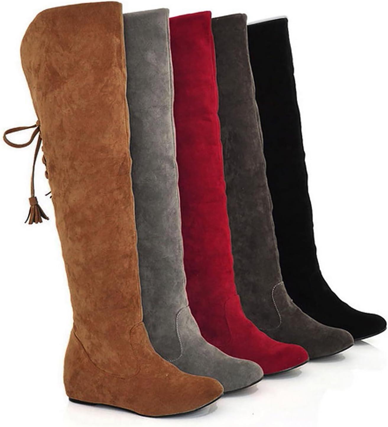 image:imageGenerisch Bottes pour femme Confortables En daim lgantes Plates Bout rond Couleur unie Longue tige Bottes dhiver pour femmeJaune