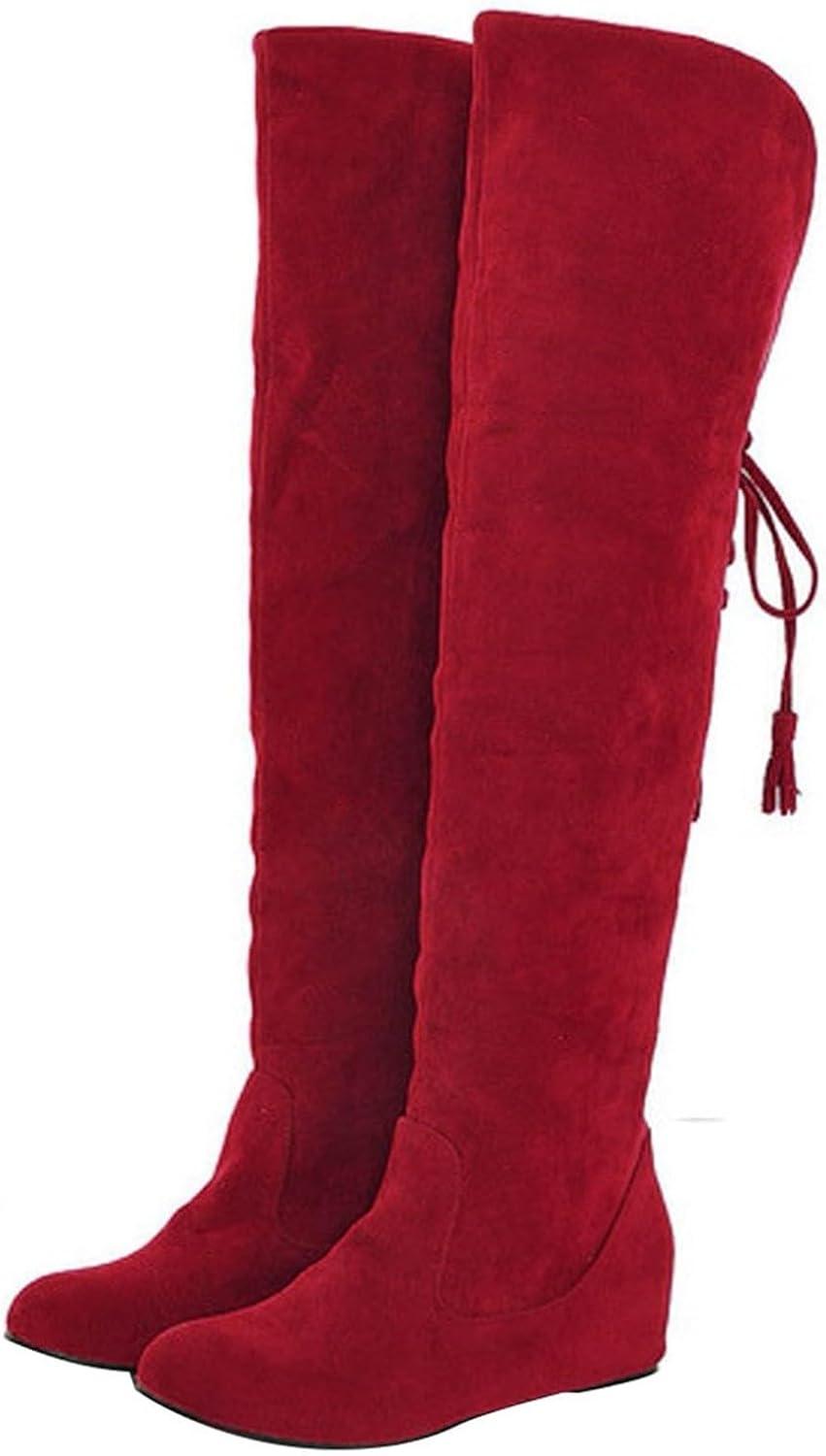 image:imageGenerisch Bottes pour femme Confortables En daim lgantes Plates Bout rond Couleur unie Longue tige Bottes dhiver pour femmeRouge
