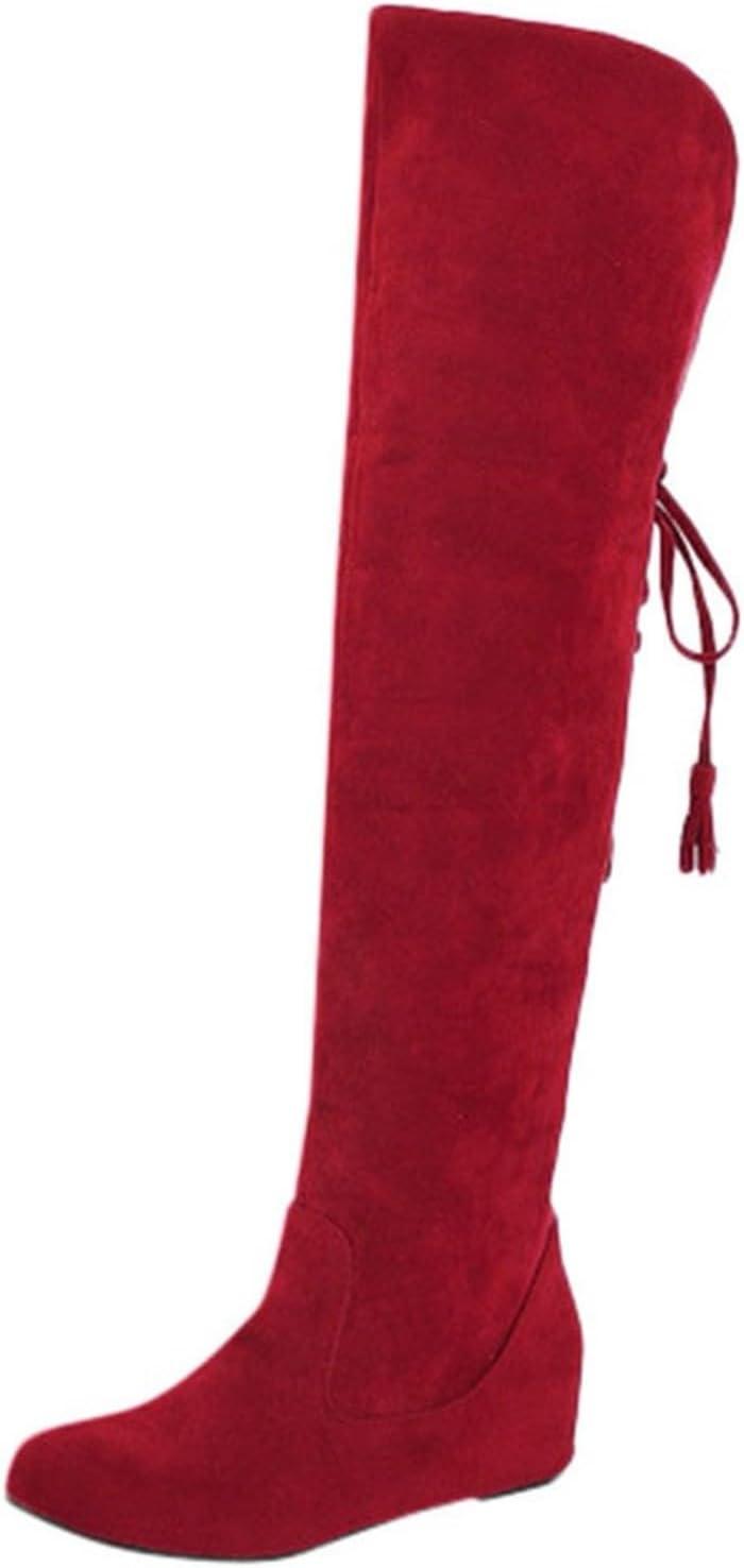 image:imageGenerisch Bottes pour femme Confortables En daim lgantes Plates Bout rond Couleur unie Longue tige Bottes dhiver pour femmeRouge