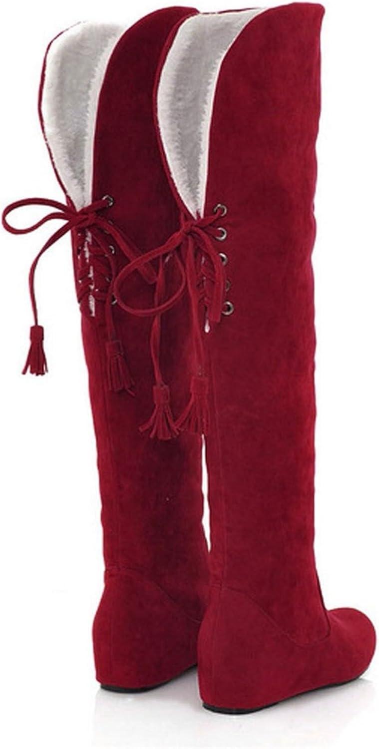 image:imageGenerisch Bottes pour femme Confortables En daim lgantes Plates Bout rond Couleur unie Longue tige Bottes dhiver pour femmeRouge