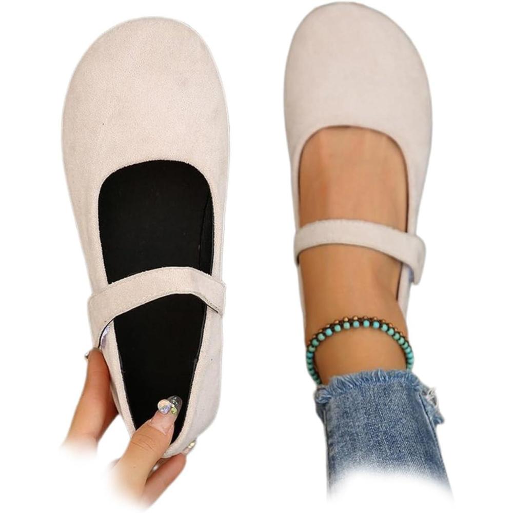 image:imageBallerines orthopdiques Mary Jane en daim pour femme confortables bout rond chaussures plates enfiler chaussures dcontractesBlanc
