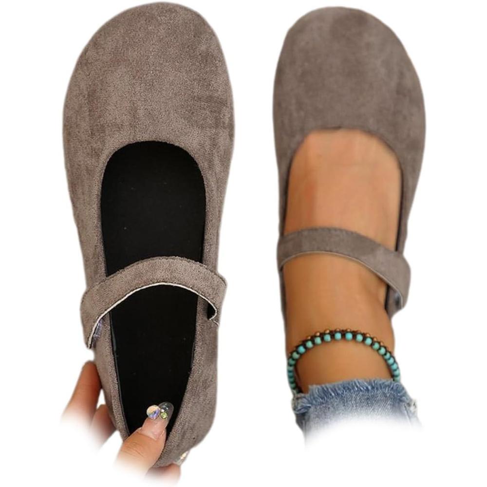 image:imageBallerines orthopdiques Mary Jane en daim pour femme confortables bout rond chaussures plates enfiler chaussures dcontractesMarron