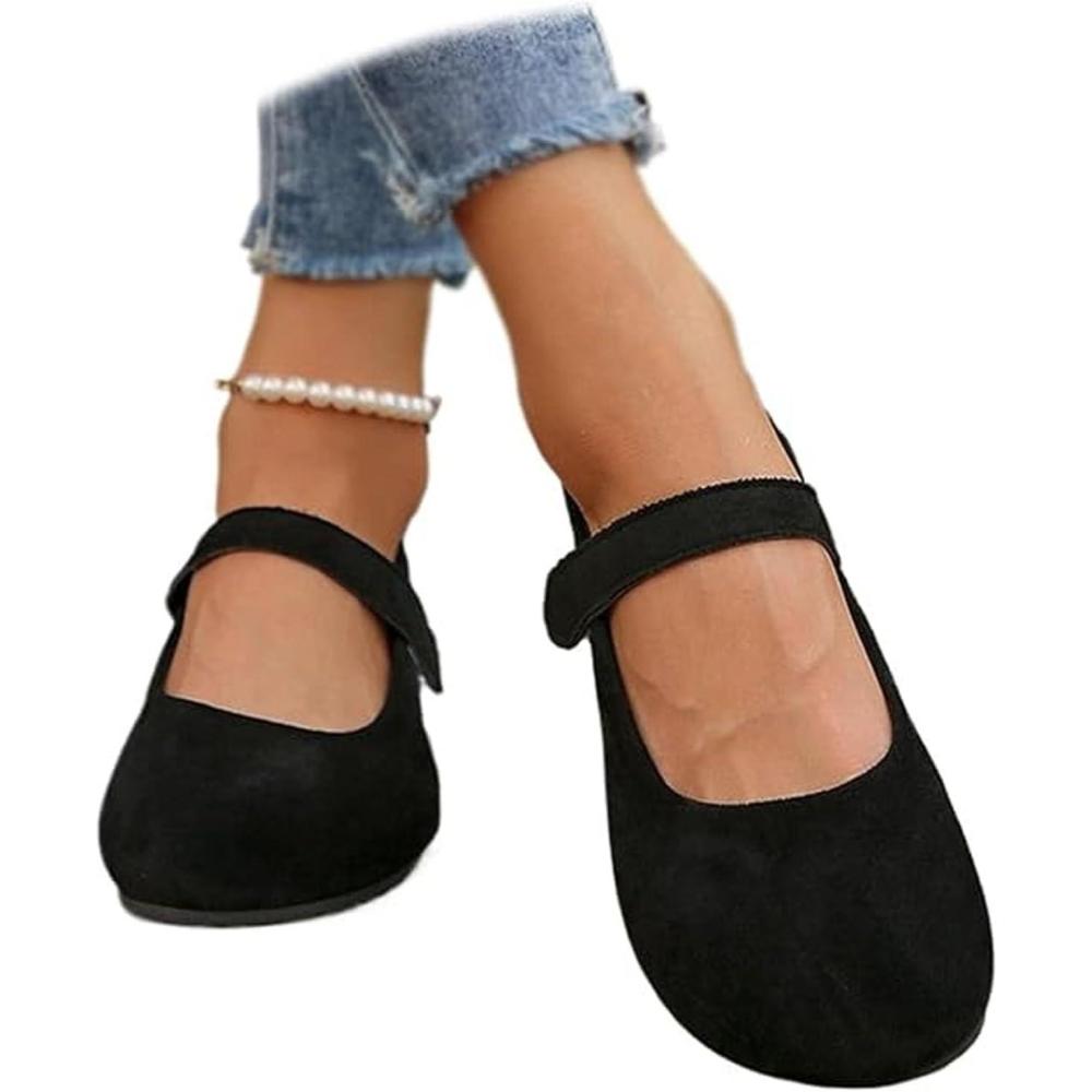 image:imageBallerines orthopdiques Mary Jane en daim pour femme confortables bout rond chaussures plates enfiler chaussures dcontractesNoir
