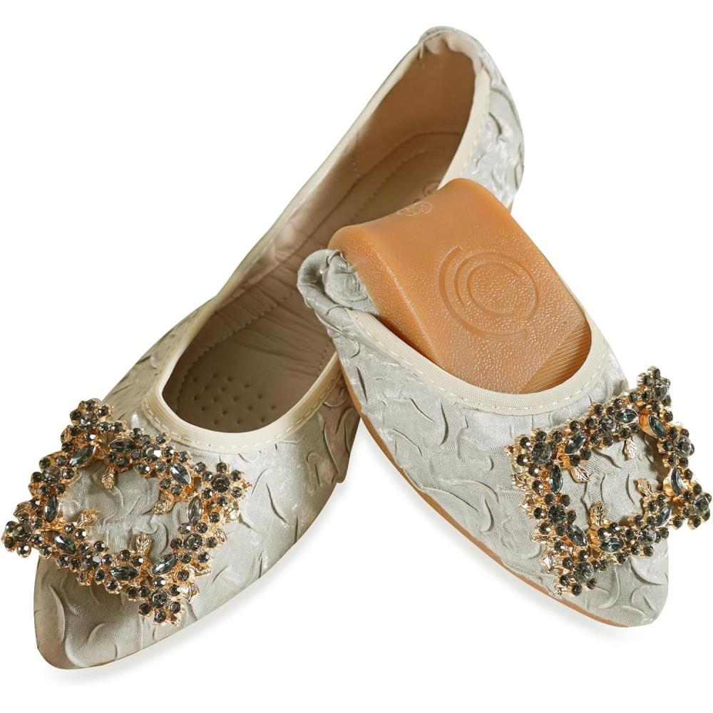 image:imageBallerines plates bout pointu pour femme Chaussures de mariage pliables scintillantes confortables enfilerAbricot