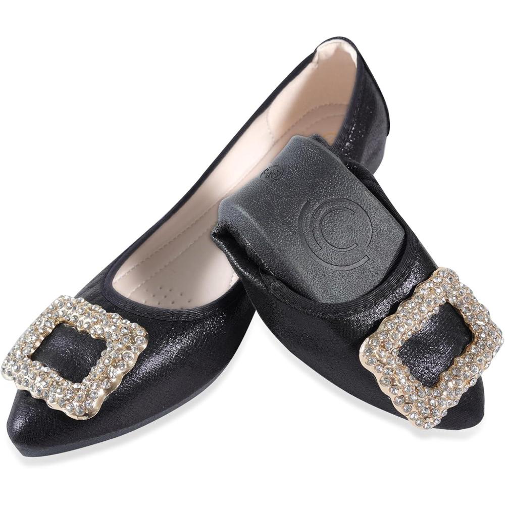 image:imageBallerines plates bout pointu pour femme Chaussures de mariage pliables scintillantes confortables enfilerNoir 1