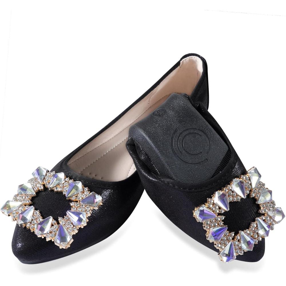 image:imageBallerines plates bout pointu pour femme Chaussures de mariage pliables scintillantes confortables enfilerNoir 2