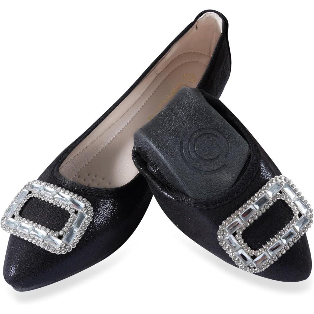 image:imageBallerines plates bout pointu pour femme Chaussures de mariage pliables scintillantes confortables enfilerNoir 3