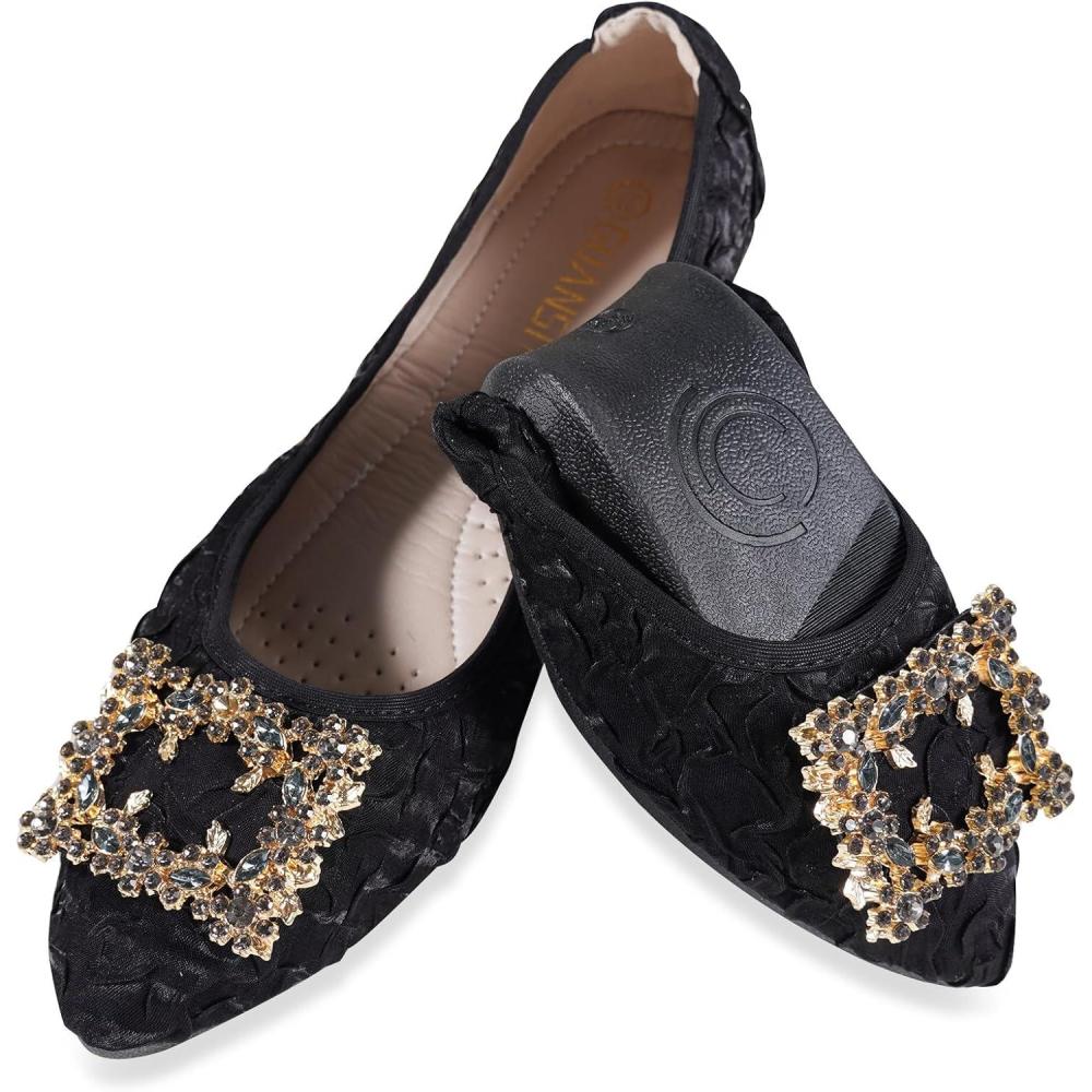 image:imageBallerines plates bout pointu pour femme Chaussures de mariage pliables scintillantes confortables enfilerNoir