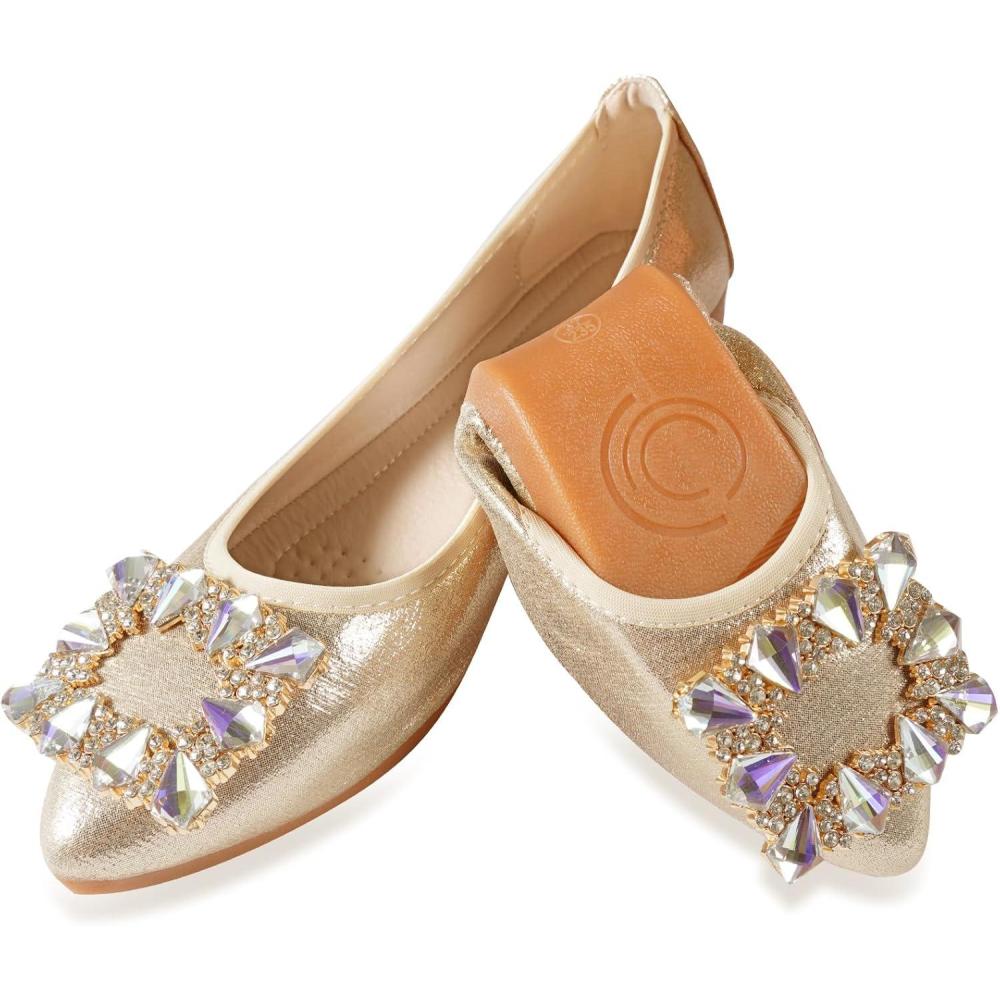 image:imageBallerines plates bout pointu pour femme Chaussures de mariage pliables scintillantes confortables enfilerOr 2