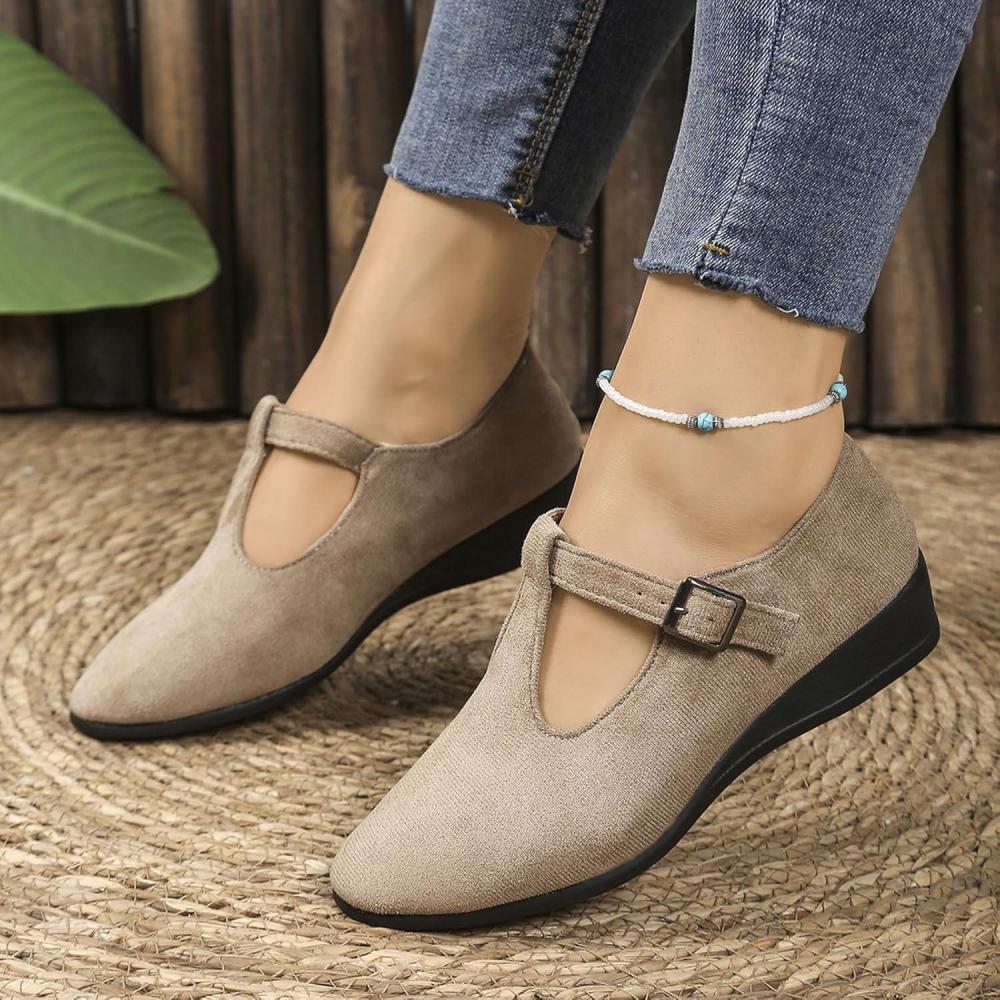 image:imageBallerines plates pour femme Bout rond Sangle de cheville Confortables Dcontractes Pour le travail et le bureauBeige