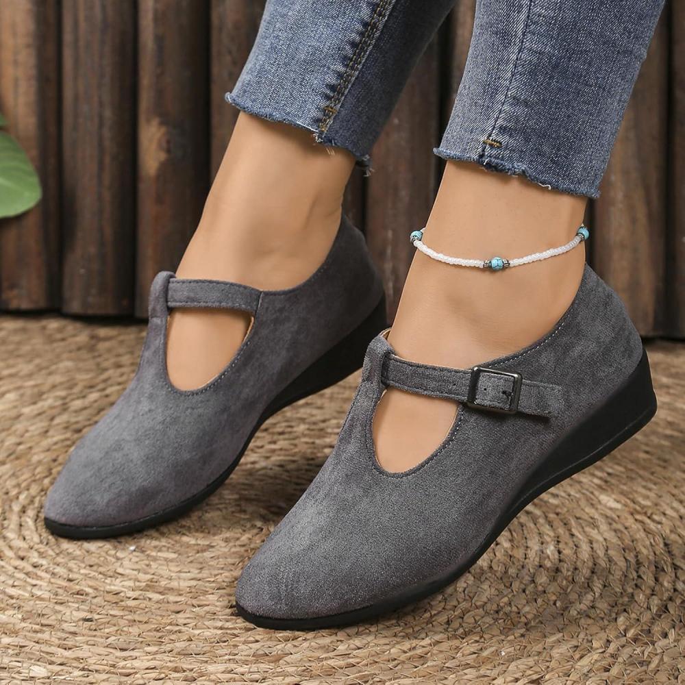 image:imageBallerines plates pour femme  Bout rond  Sangle de cheville  Confortables  Dcontractes  Pour le travail et le bureauGris