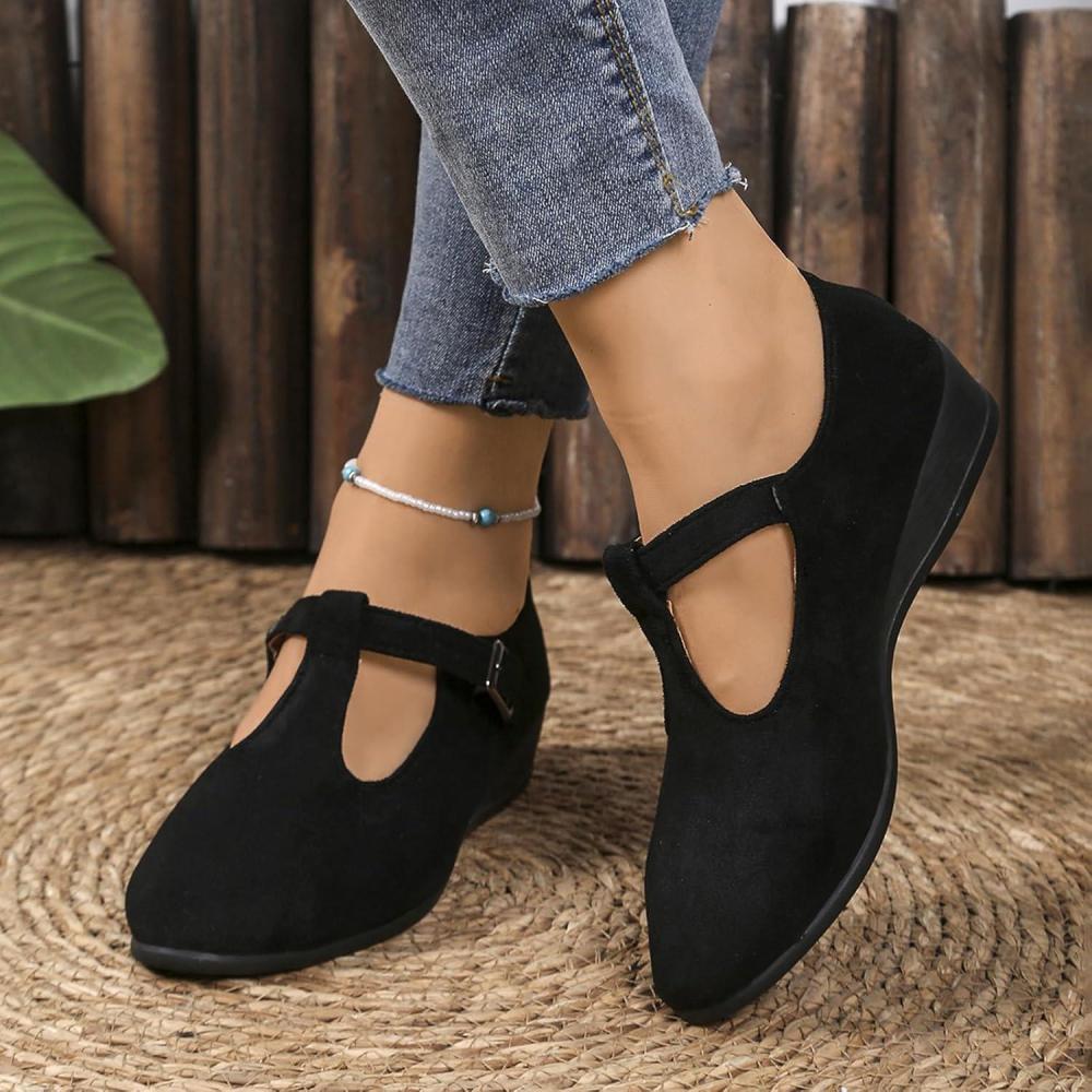 image:imageBallerines plates pour femme  Bout rond  Sangle de cheville  Confortables  Dcontractes  Pour le travail et le bureauNoir