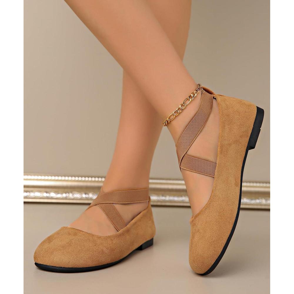 image:imageBallerines plates pour femme  Bout rond  Sangle de cheville lastique  Confortables et dcontractesMarron