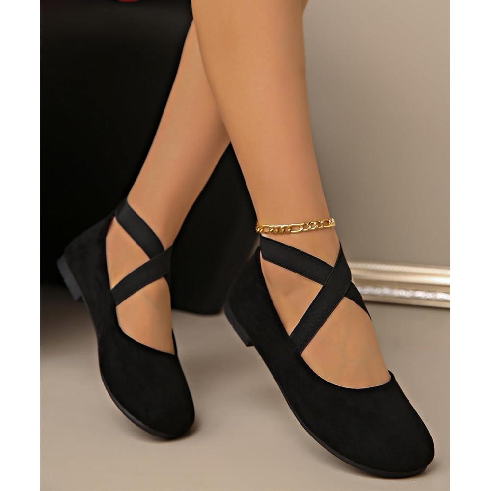 image:imageBallerines plates pour femme  Bout rond  Sangle de cheville lastique  Confortables et dcontractesNoir