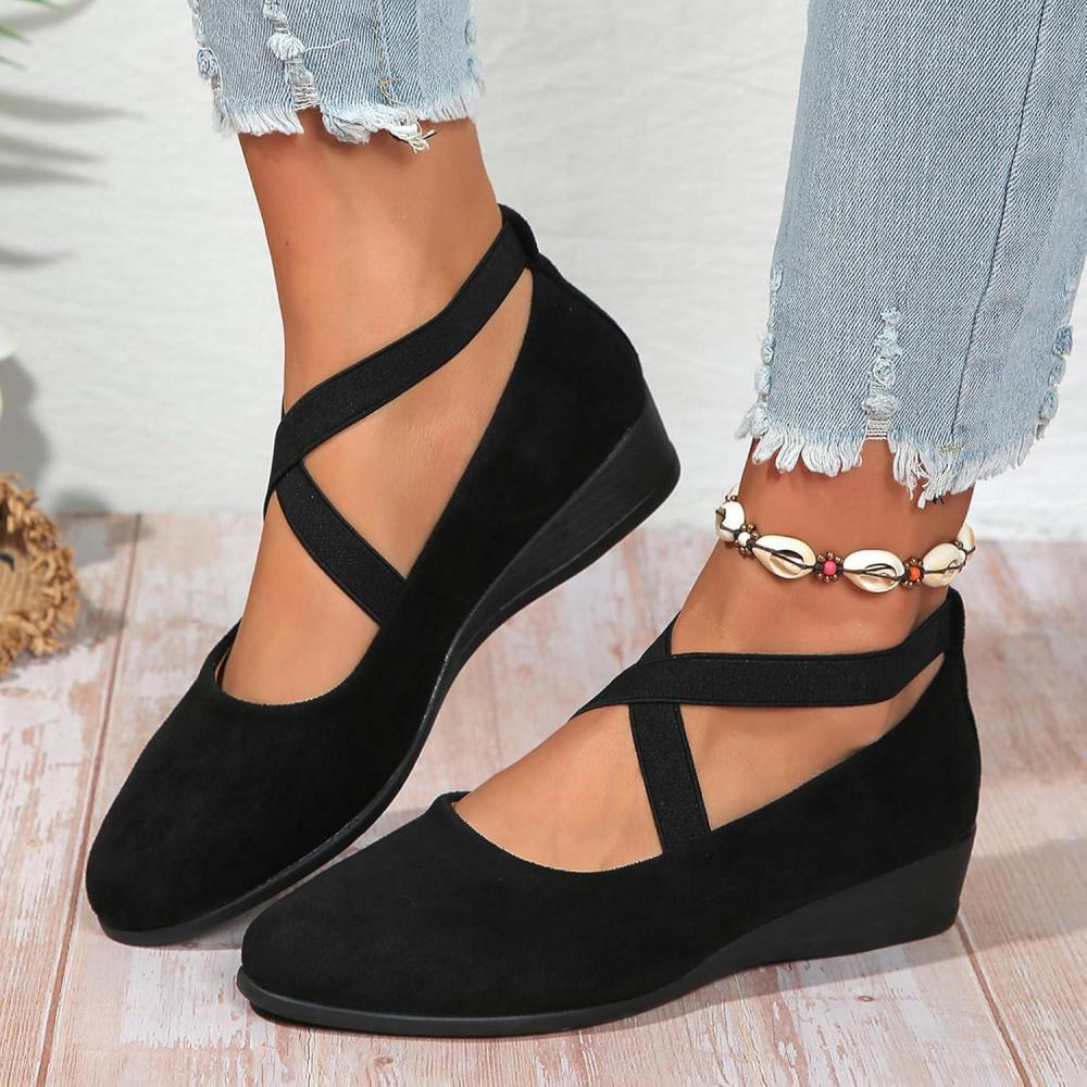 image:imageBallerines plates pour femme  Bout rond  lastique  Sangle de cheville  Confortables et dcontractesNoir