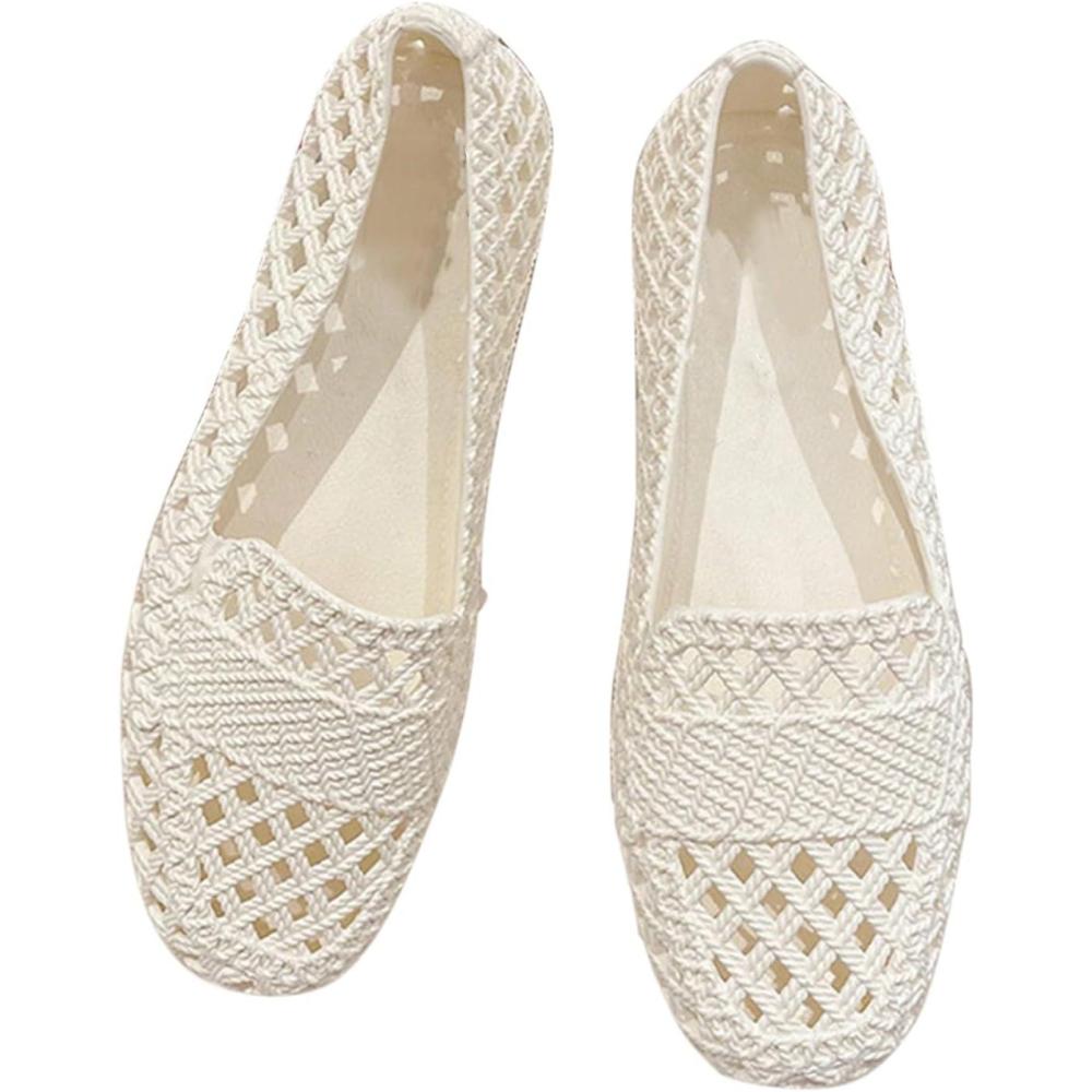 image:imageBallerines plates pour femme Bout rond en tricot Chaussures enfiler Chaussures plates pour femme Respirantes et confortables Ballerines enfiler Chaussures pointues antidrapantes Blanc2