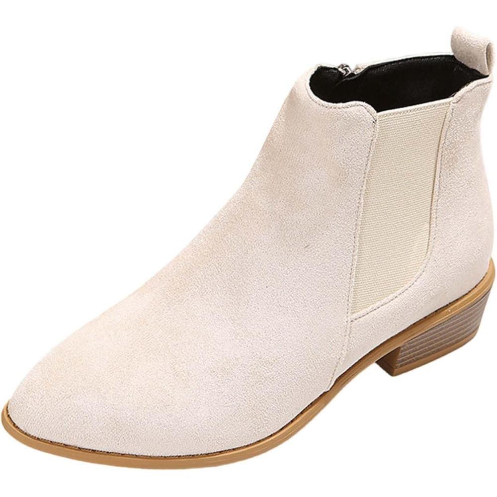 image:imageBottines plates en cuir souple pour femme Couleur unie En polyurthane Bottes courtes talon pais Bout rond Bottes de cowboy pour femmeBeige