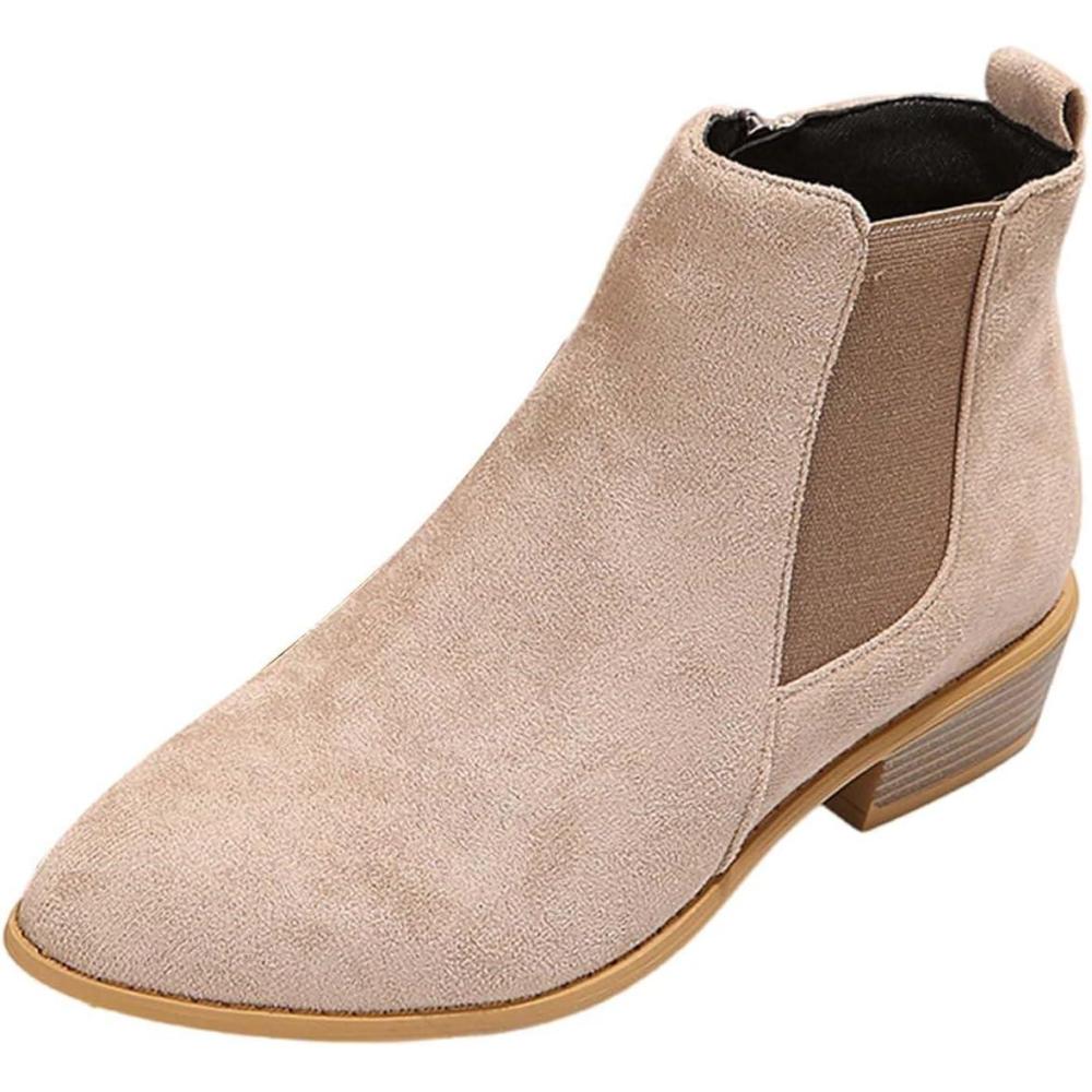 image:imageBottines plates en cuir souple pour femme Couleur unie En polyurthane Bottes courtes talon pais Bout rond Bottes de cowboy pour femmeGris
