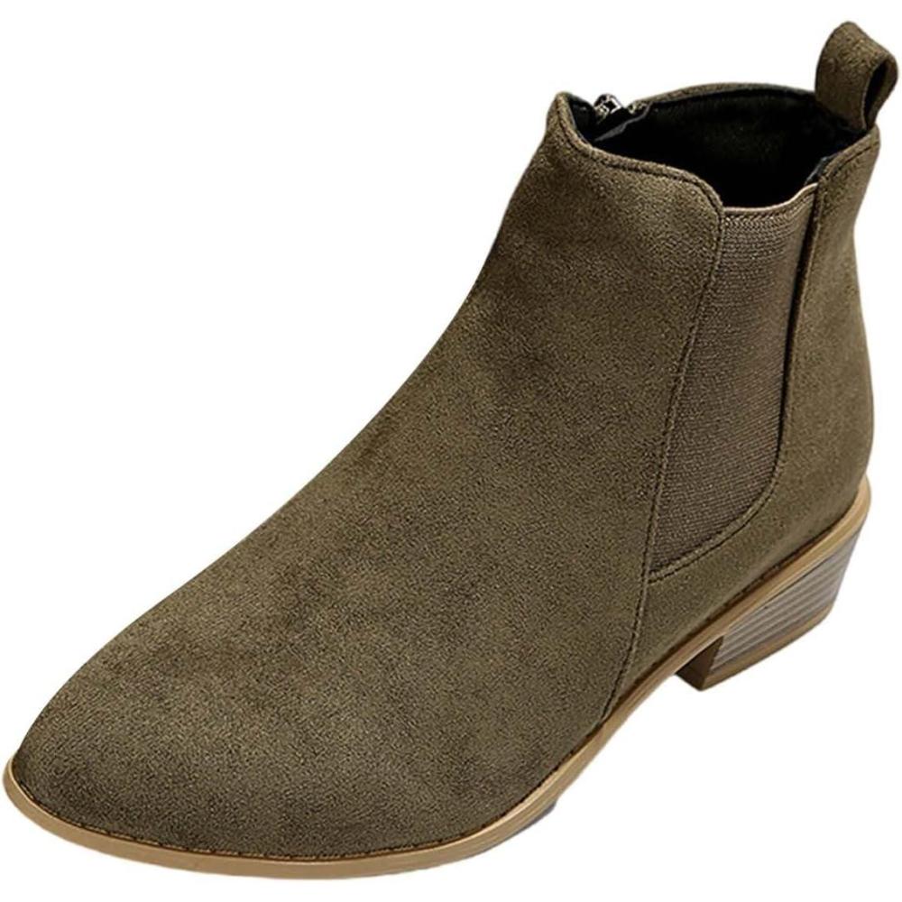 image:imageBottines plates en cuir souple pour femme Couleur unie En polyurthane Bottes courtes talon pais Bout rond Bottes de cowboy pour femmeVert