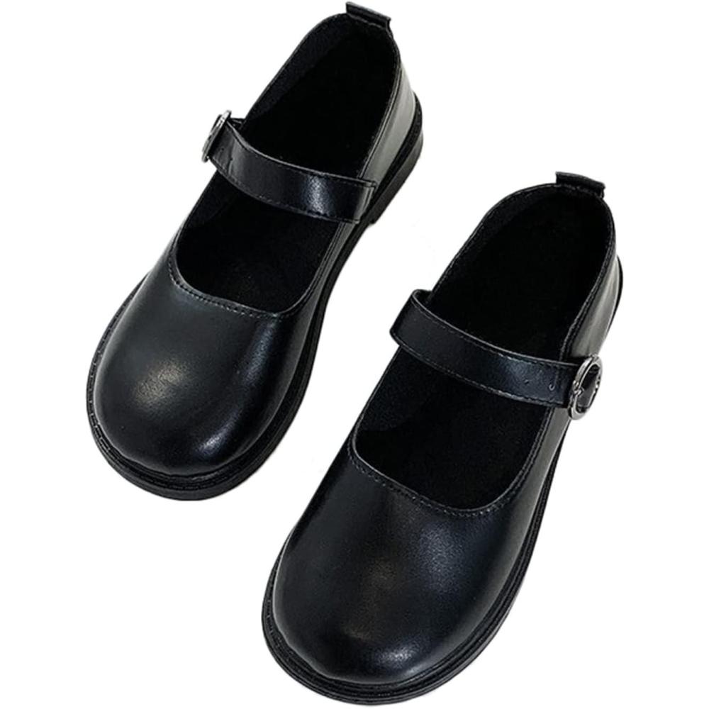 image:imageBuckle Mary Janes Chaussures plates peu profondes en cuir verni bout rond pour femme et filleNoir