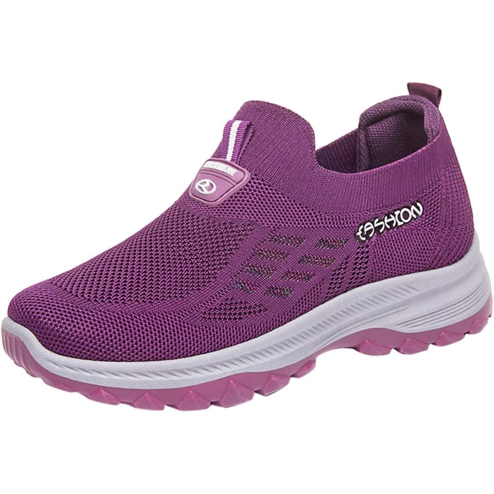 image:imageChaussures Running Femme Automne Femmes Chaussures de Sport Plat antidrapant sans Lacet Mouche tiss Respirant Couleur Unie Simple Orthopdique Marche Basket Respirantes Antidrapantes SneakersViolet