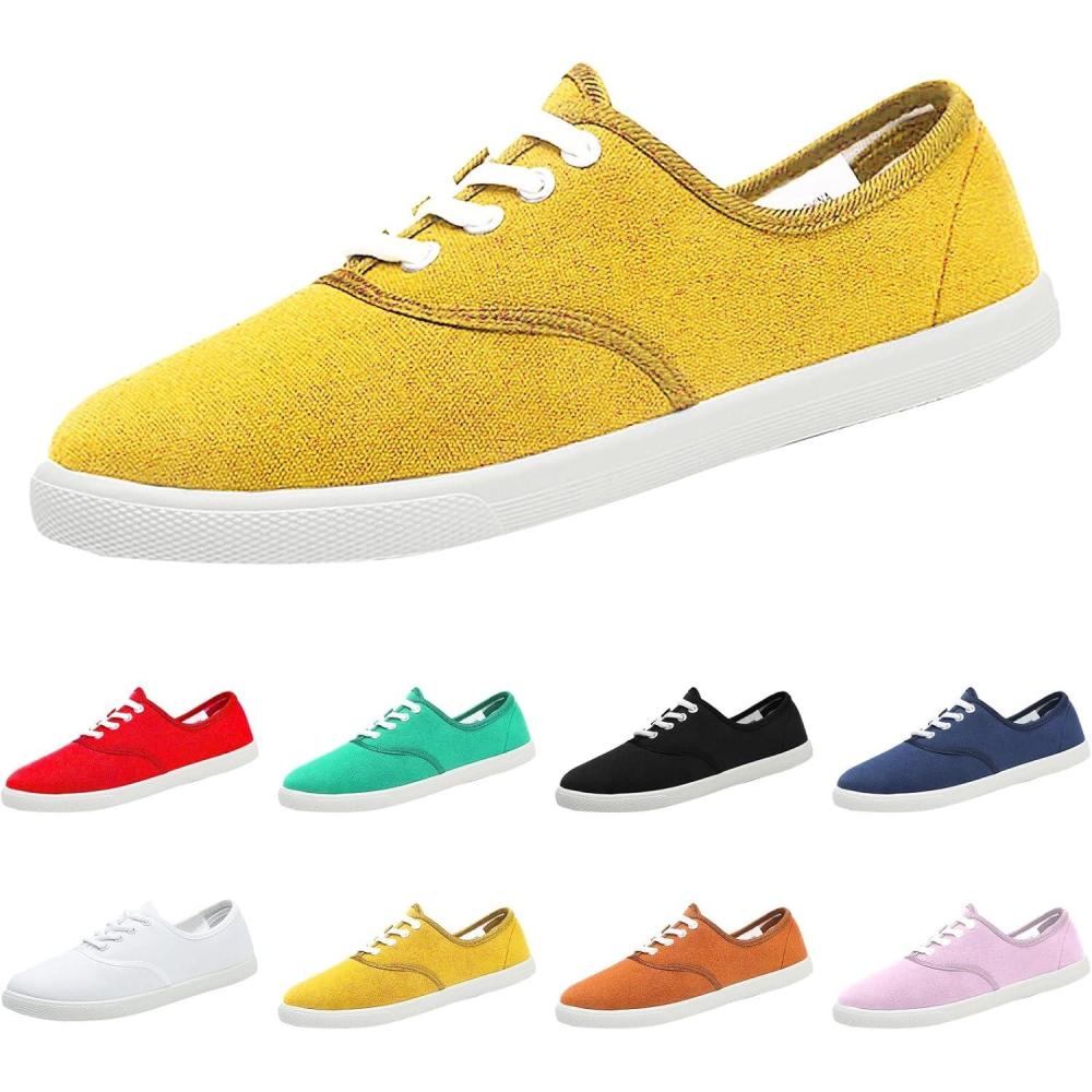image:imageChaussures dt lgres en toile pour femme Semelles douces Confortables Couleur unie Chaussures en toile respirantes Chaussures plates dcontractes Chaussures de sport antidrapantesJaune