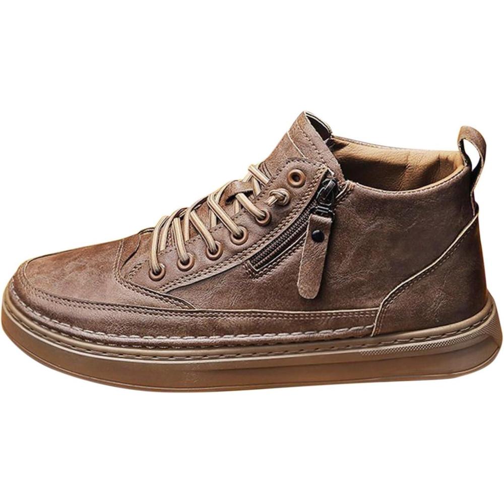 image:imageChaussures en cuir pour homme Baskets sportives Semelle plate Chaussures de randonne avec fermeture clair latrale Chaussures lacets Chaussures de sport Chaussures lmentairesKaki