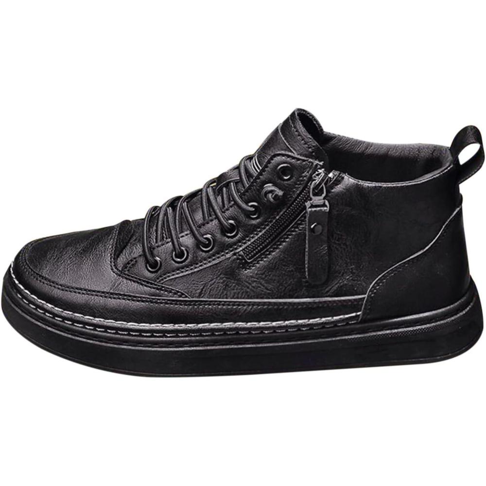 image:imageChaussures en cuir pour homme Baskets sportives Semelle plate Chaussures de randonne avec fermeture clair latrale Chaussures lacets Chaussures de sport Chaussures lmentairesNoir