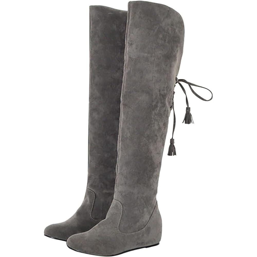 image:imageGenerisch Bottes pour femme Confortables En daim lgantes Plates Bout rond Couleur unie Longue tige Bottes dhiver pour femmeGris