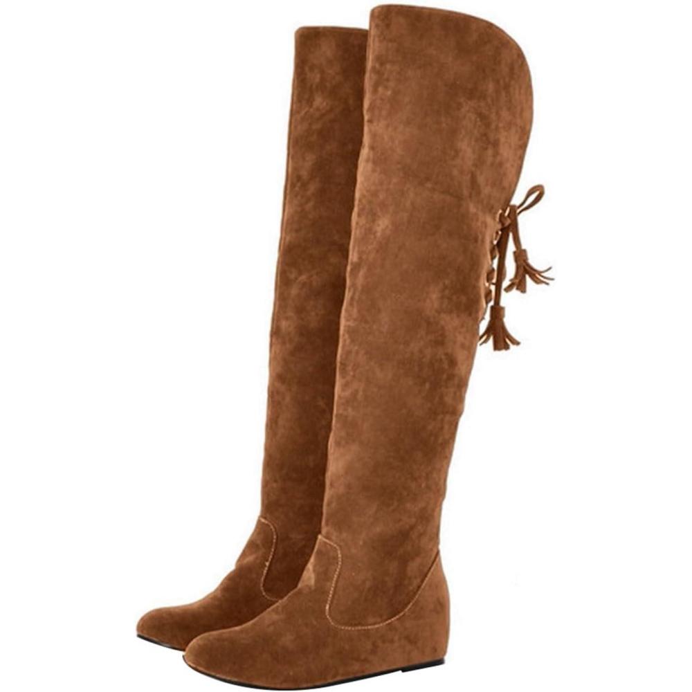 image:imageGenerisch Bottes pour femme Confortables En daim lgantes Plates Bout rond Couleur unie Longue tige Bottes dhiver pour femmeJaune