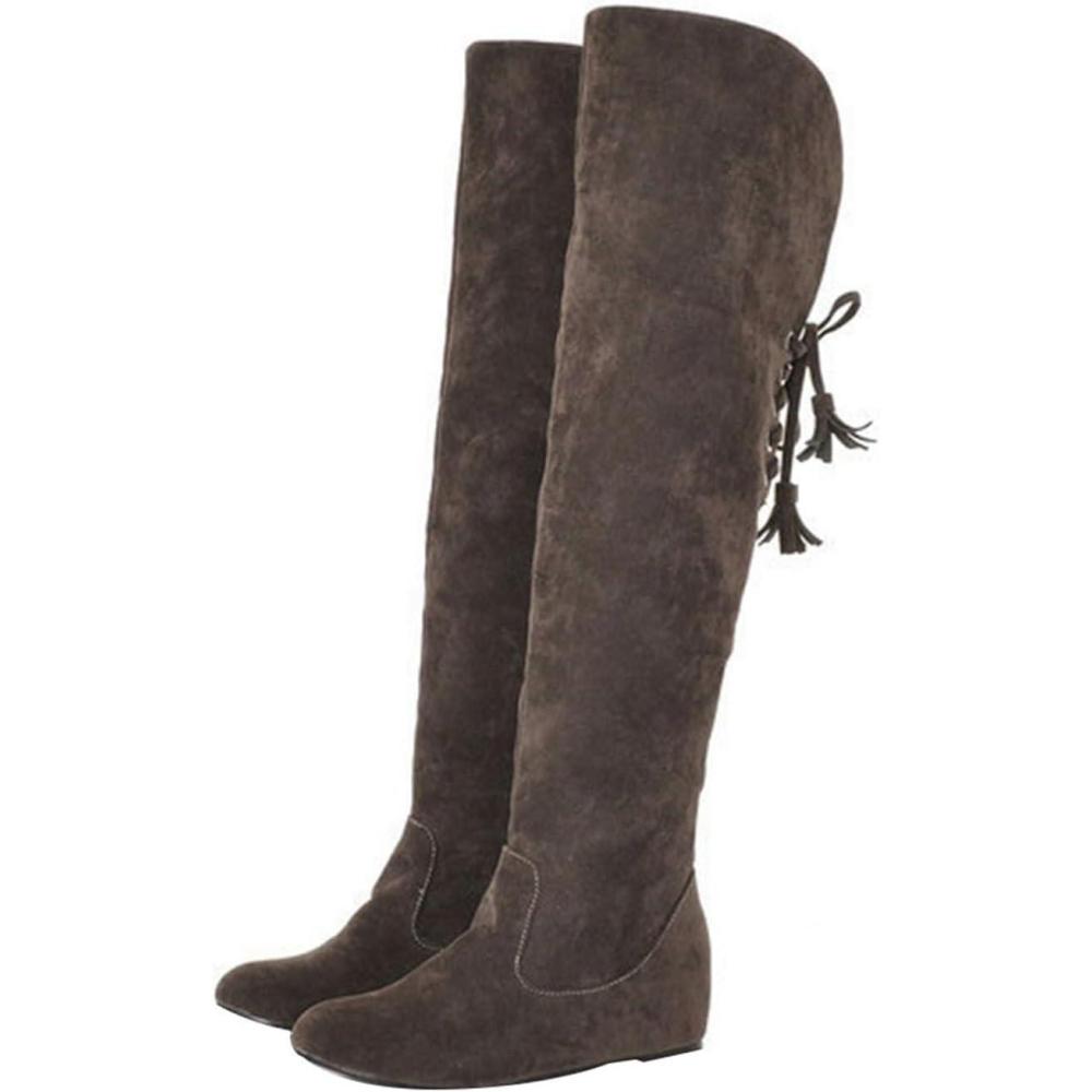 image:imageGenerisch Bottes pour femme Confortables En daim lgantes Plates Bout rond Couleur unie Longue tige Bottes dhiver pour femmeMarron