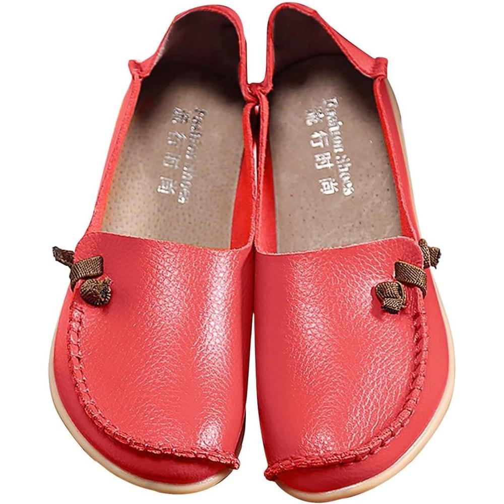 image:imageMocassins confortables en cuir pour femme Mocassins dcontracts bout rond Chaussures plates de conduite douces et confortables Mocassins plats enfilerRouge
