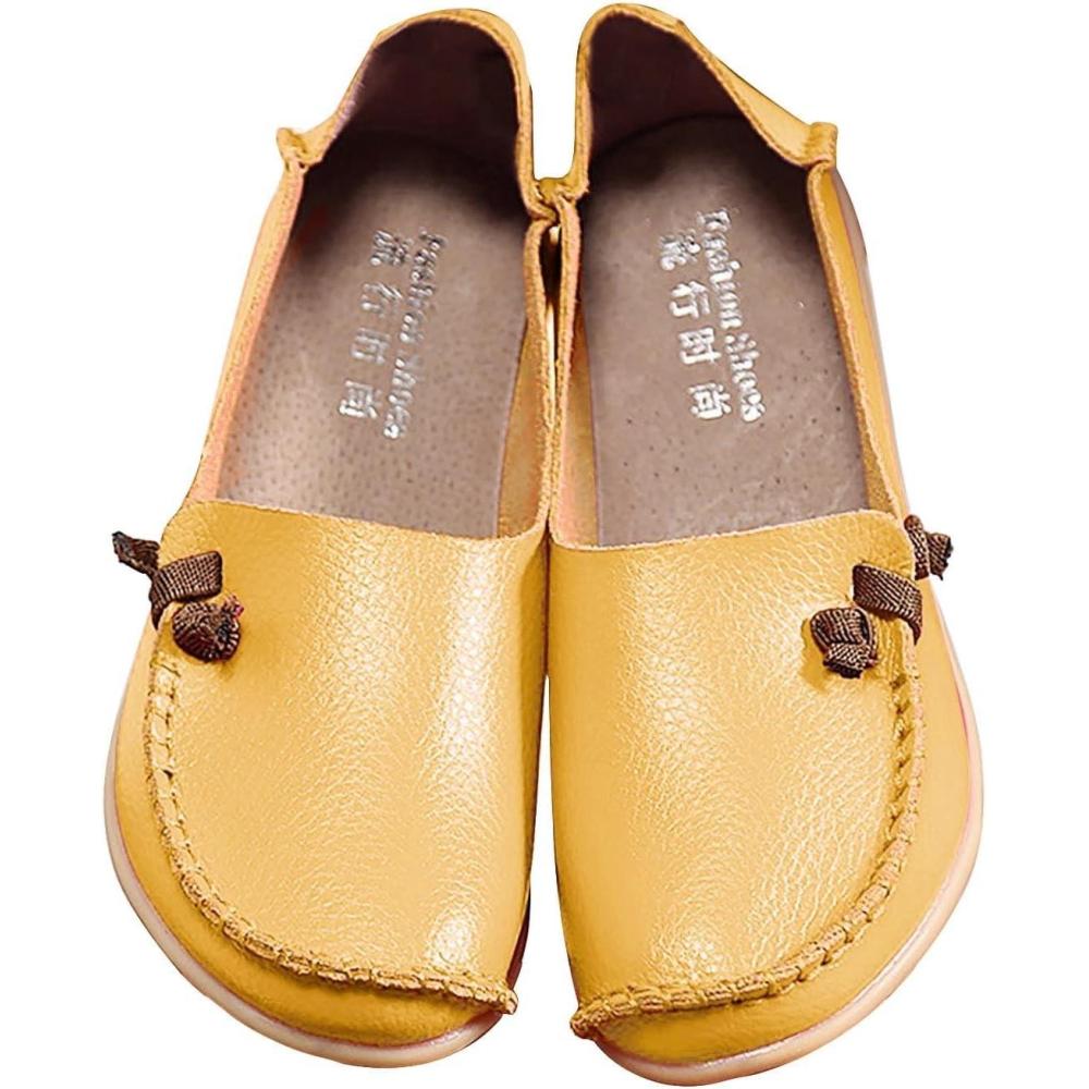 image:imageMocassins confortables en cuir pour femme Mocassins dcontracts bout rond Chaussures plates de conduite douces et confortables Mocassins plats enfilerJaune