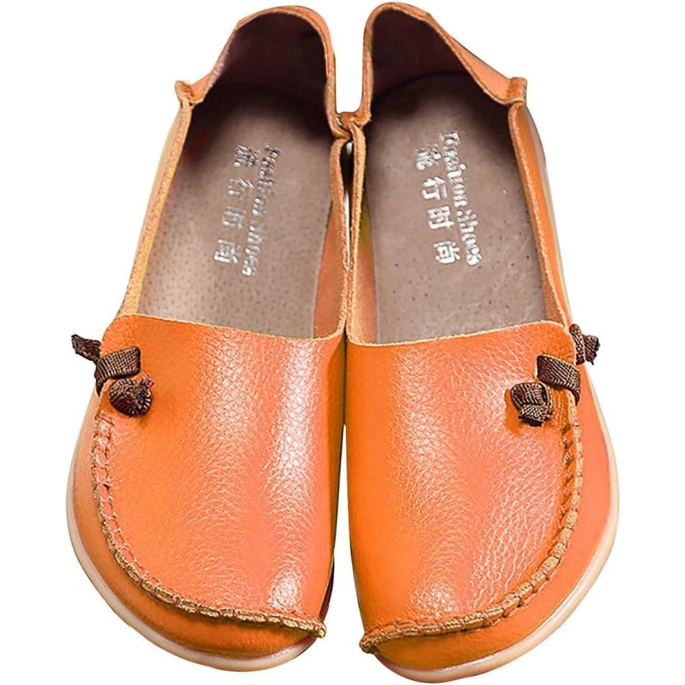 image:imageMocassins confortables en cuir pour femme Mocassins dcontracts bout rond Chaussures plates de conduite douces et confortables Mocassins plats enfilerOrange