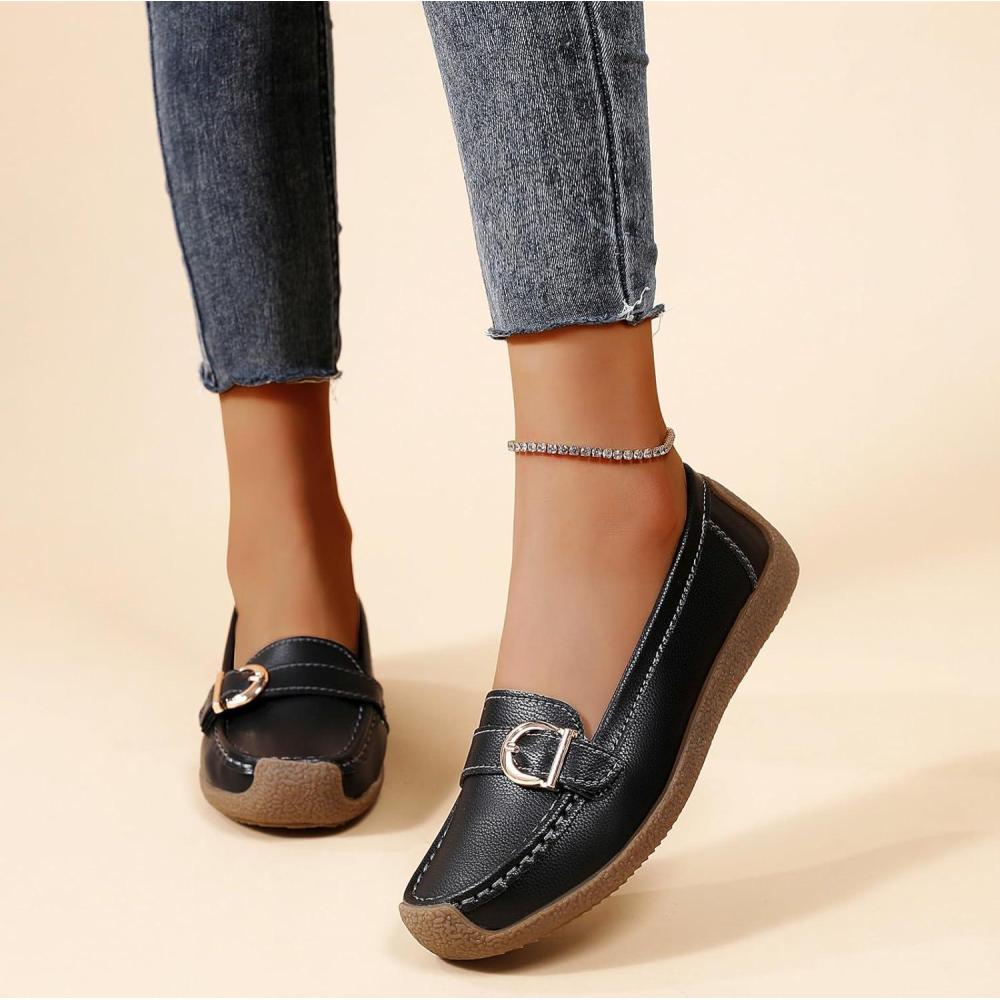 image:imageMocassins pour femme Chaussures plates confortables et lgres enfiler Chaussures de marche confortablesNoir