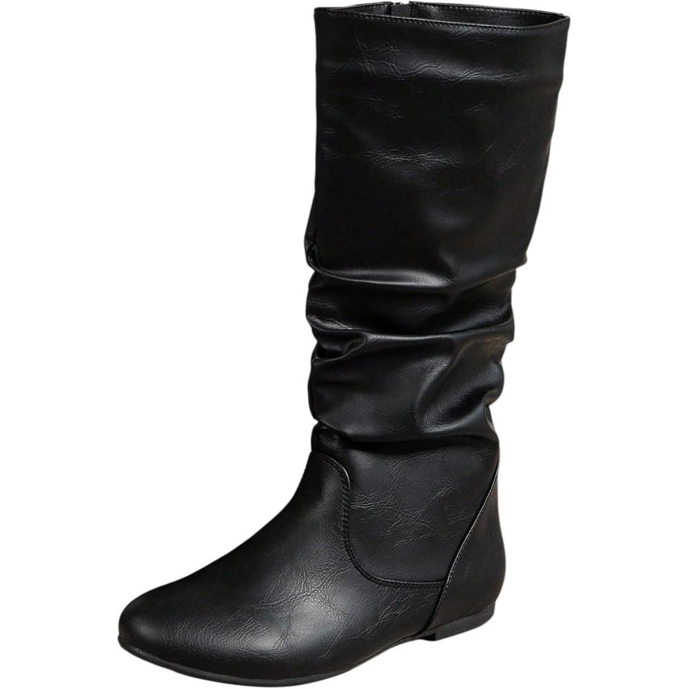 image:imageBottes mimollet pour femme en cuir tendance Winter Autmn Bout rond Large mollet Wetern Bottes de cowgirl humides avec fermeture clair latrale Vintage Chaussures polyvalentes pour femme2 Noir