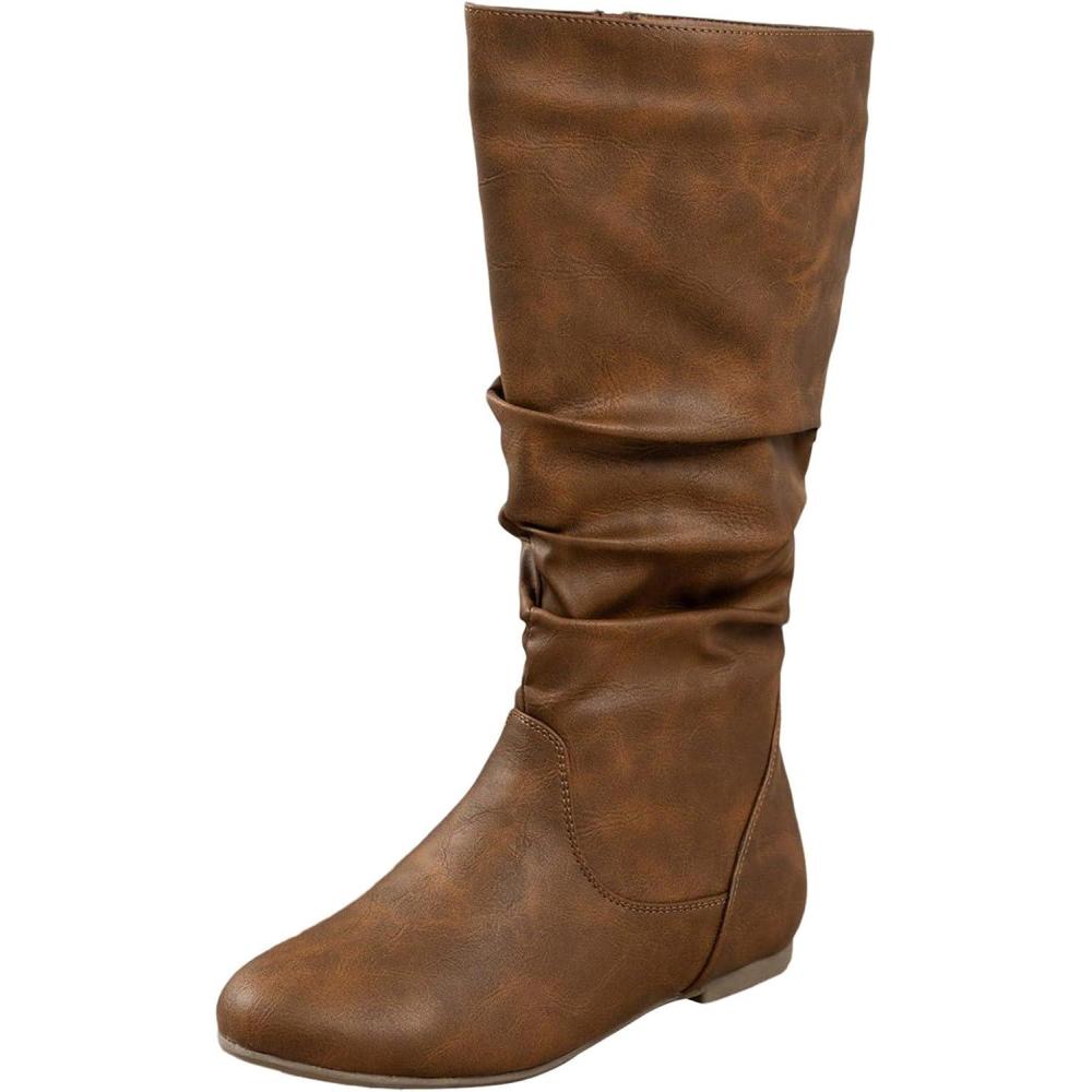 image:imageBottes mimollet pour femme en cuir tendance Winter Autmn Bout rond Large mollet Wetern Bottes de cowgirl humides avec fermeture clair latrale Vintage Chaussures polyvalentes pour femme2 Marron