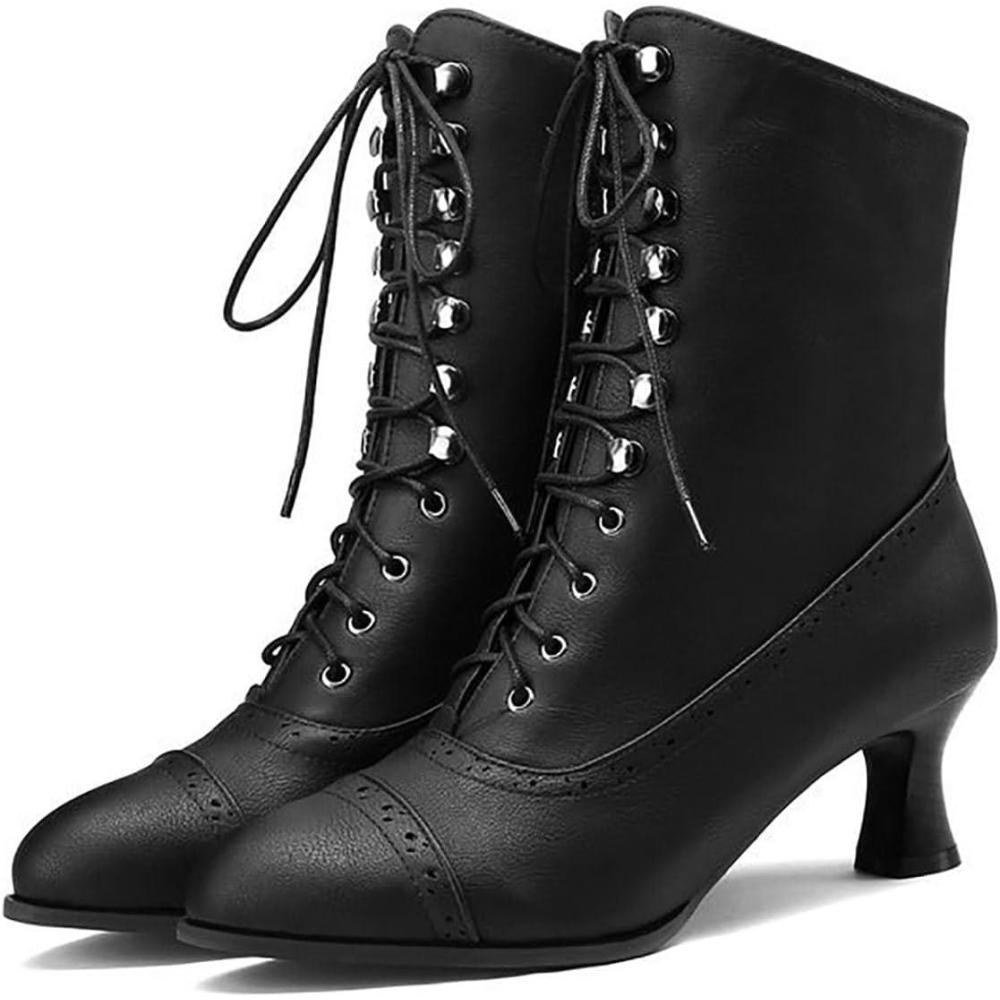 image:imageBottines vintage victoriennes lacets des annes 70 pour femme Talon moyen Bottes mimollet Chaussures de costume rtro talon conique Fermeture clair latrale Coupe large GothiqueB Noir